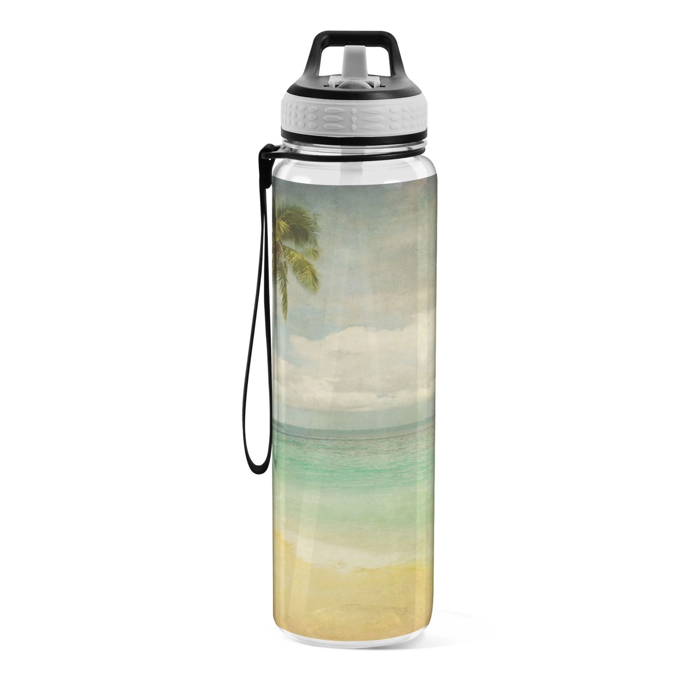 Tropical Beach Palm Tree 32oz Sports Water Bottles Leakproof Tritan Bottle with Straw BPA Free Clear Bottle for Fitness Gym Outdoor Cycling