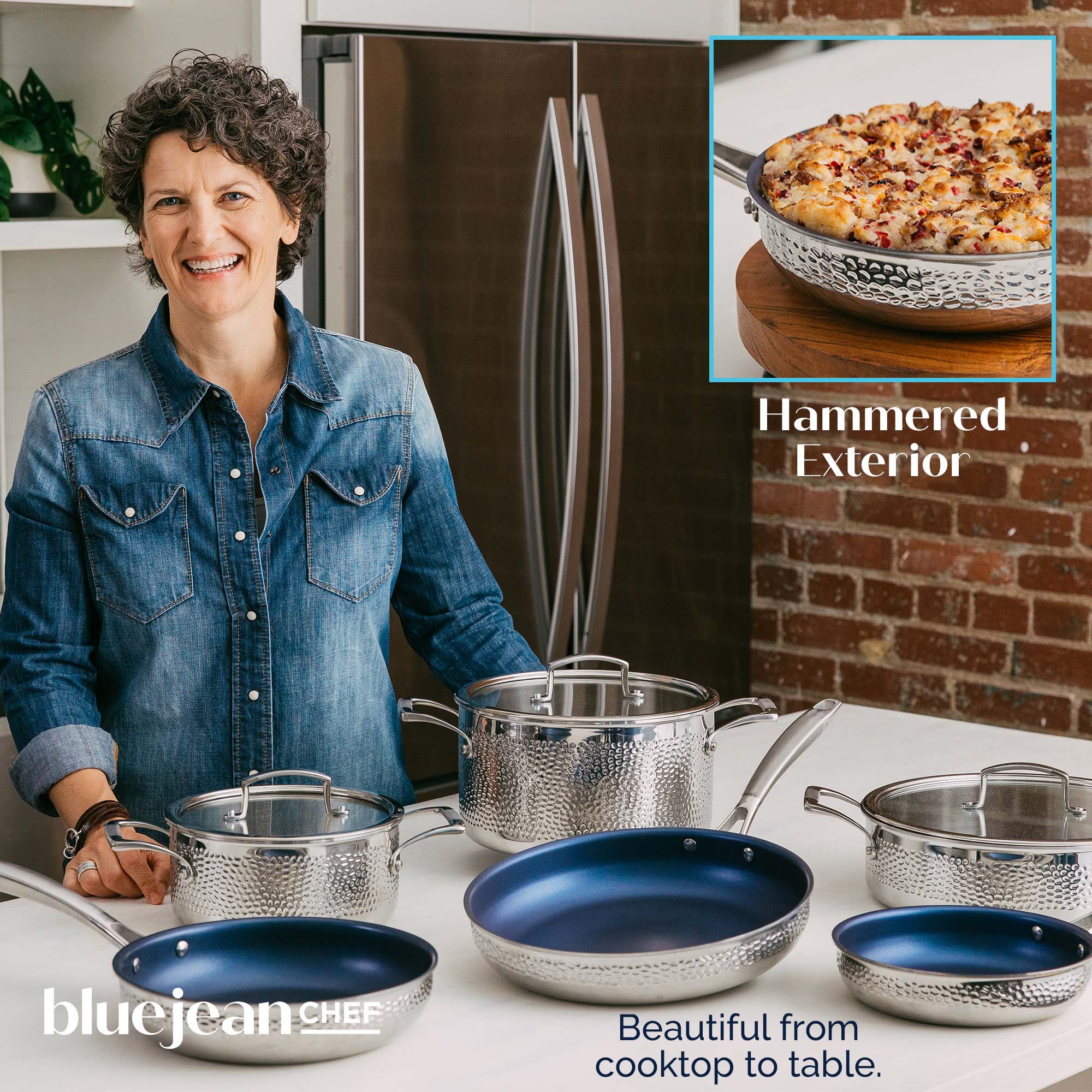Blue Jean Chef 9-Piece Stainless Steel Cookware Set, Hammered Finish, Tri-Ply Construction Clad Cookware, Nonstick; Induction, Oven & Dishwasher Safe