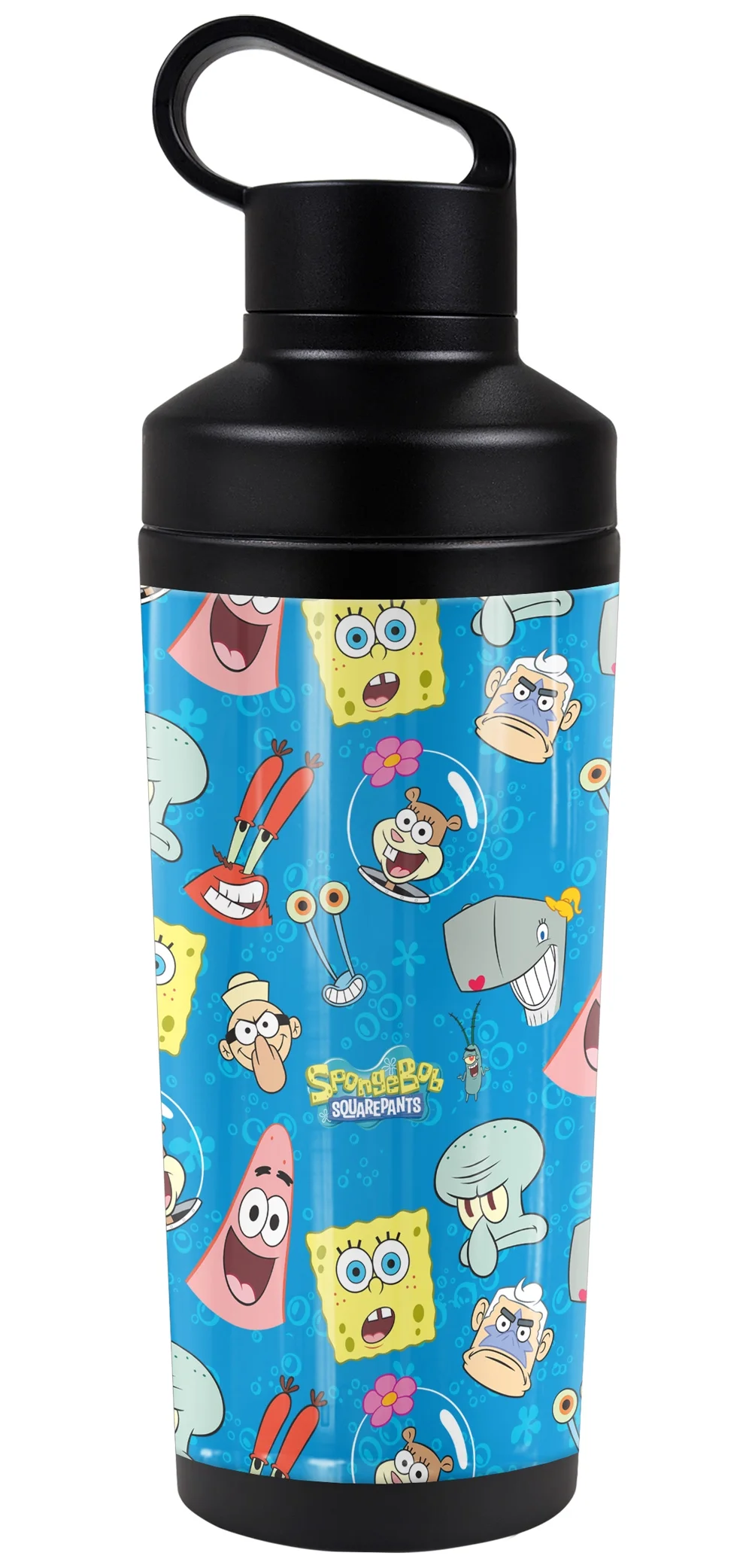 Spongebob Official Head Pattern 18 oz Insulated Water Bottle, Leak Resistant, Vacuum Insulated Stainless Steel with 2-in-1 Loop Cap