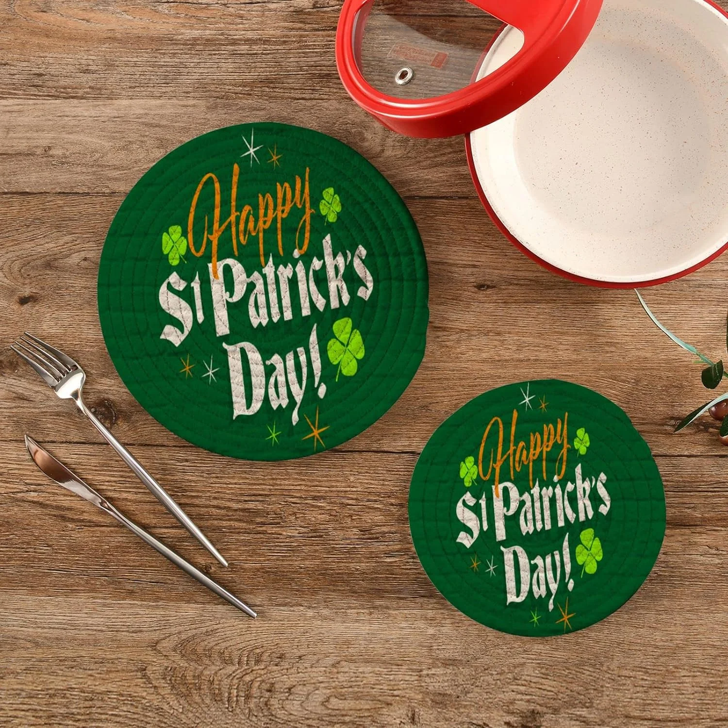 GZHJMY Happy St.Patrick's Day Heat Resistant Trivets Potholders 2PCS, Round Cotton Weave Handmade Pot Holder, Non-Slip Hot Mats Kitchen Dining Plate Mat for Kitchen Pans Bowl Teapot