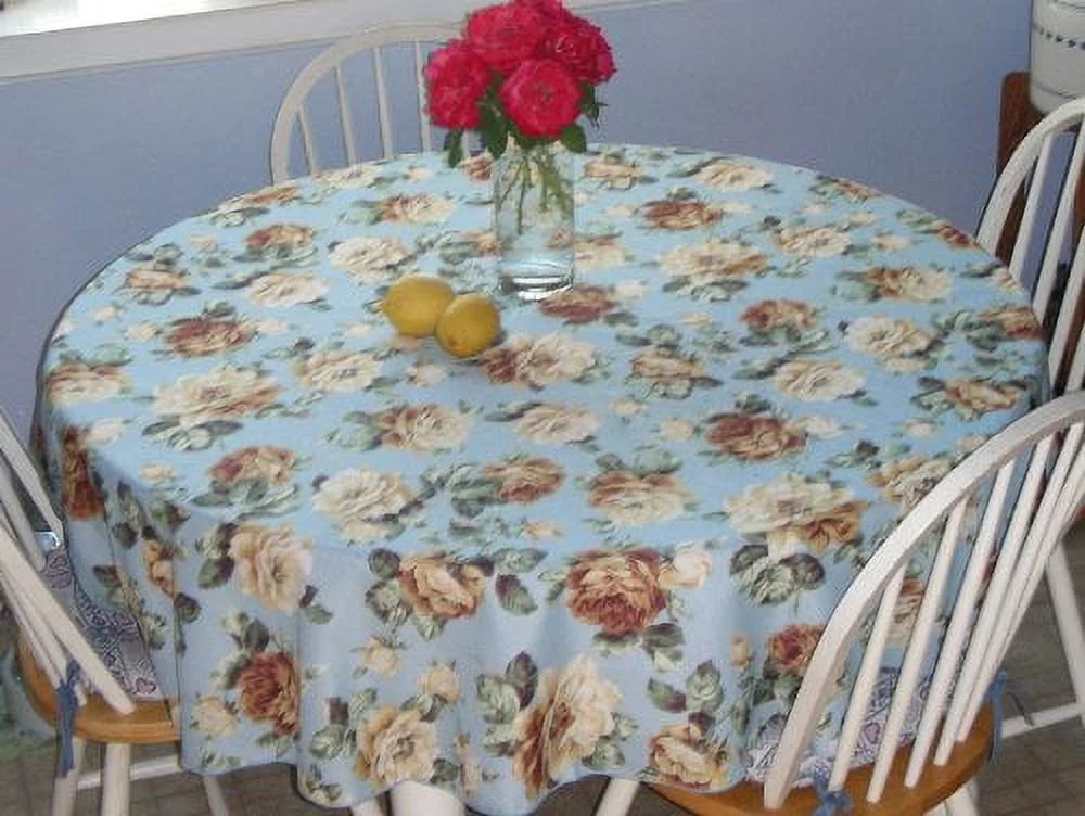 Sana Enterprises Tablecloth Polyester Fabric, Stain and Wrinkle Resistant, for Dining, Kitchen, Parties, Buffet, Weddings or Everyday Use. Seats 4-6 persons. (Blue Floral, 70 Inch Round)