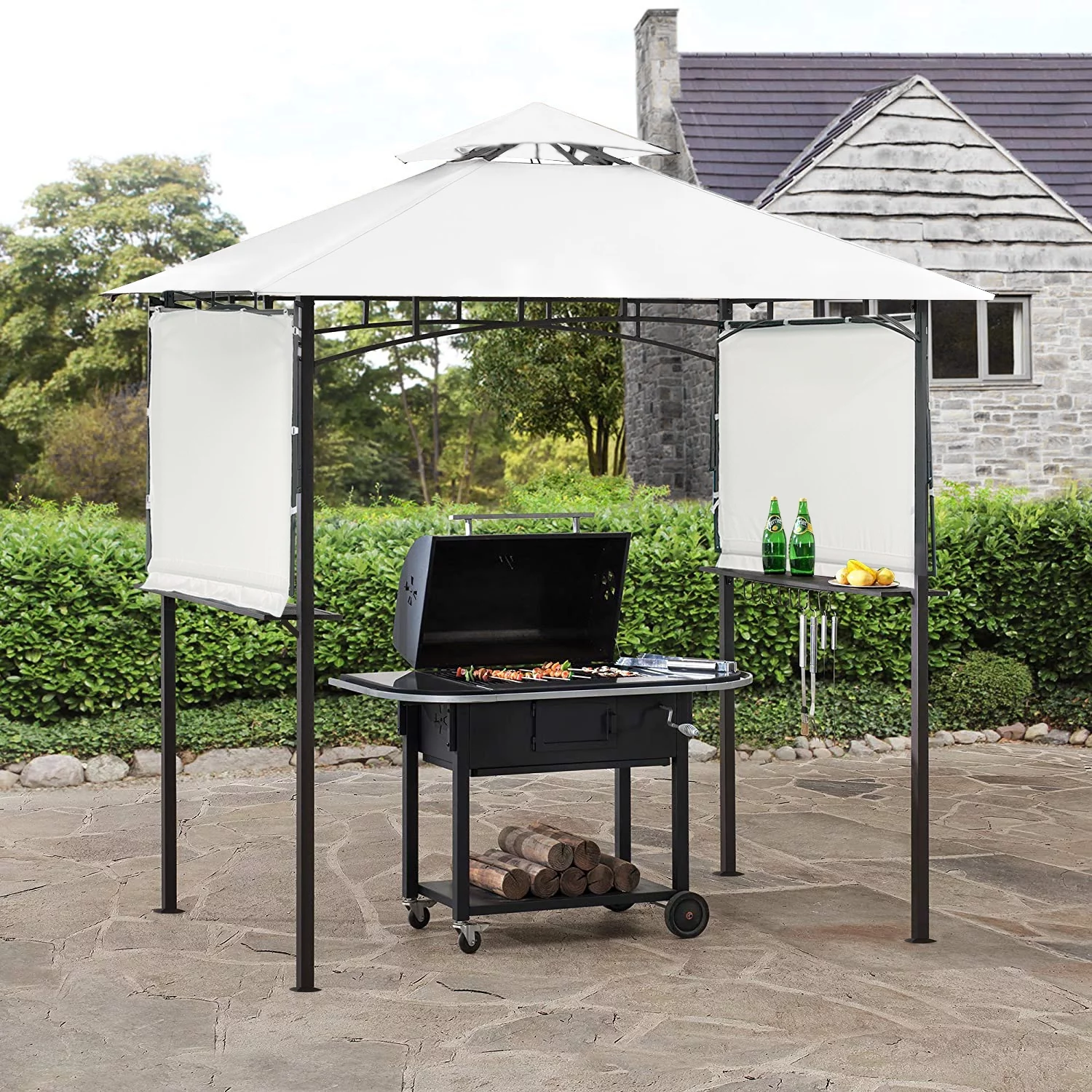 13' x 4.5' Grill Gazebo, Grill Canopy for Outdoor Grill, 2- Tier BBQ Gazebo Shelter with Bar Counters and Extendable Shades for Patio, Backyard and More (White)