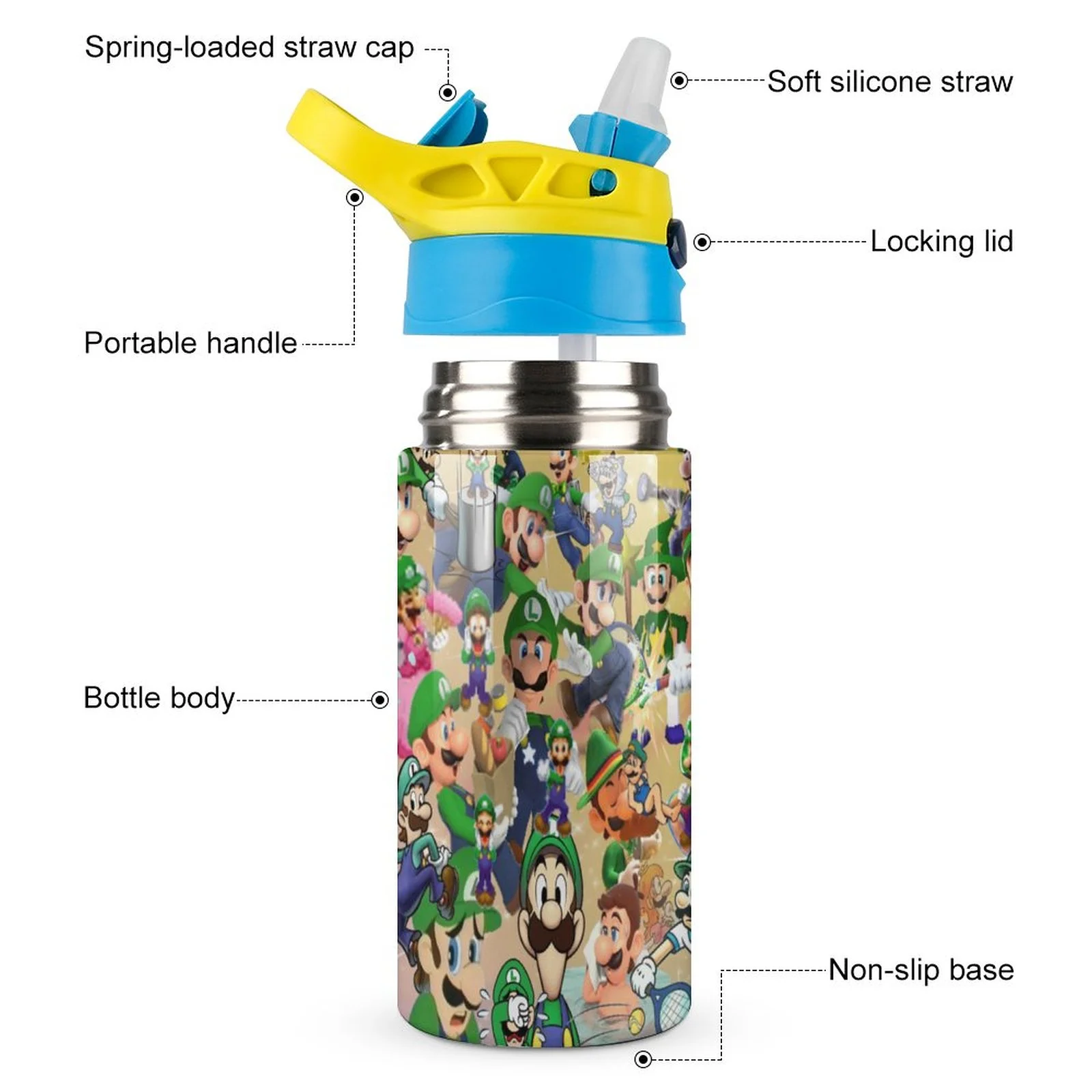 Luigi's Mansion Game Cartoon Kid's Insulated Water Bottle With Straw Vacuum Stainless Steel Cup Leak-Proof Children Toddler Thermoses