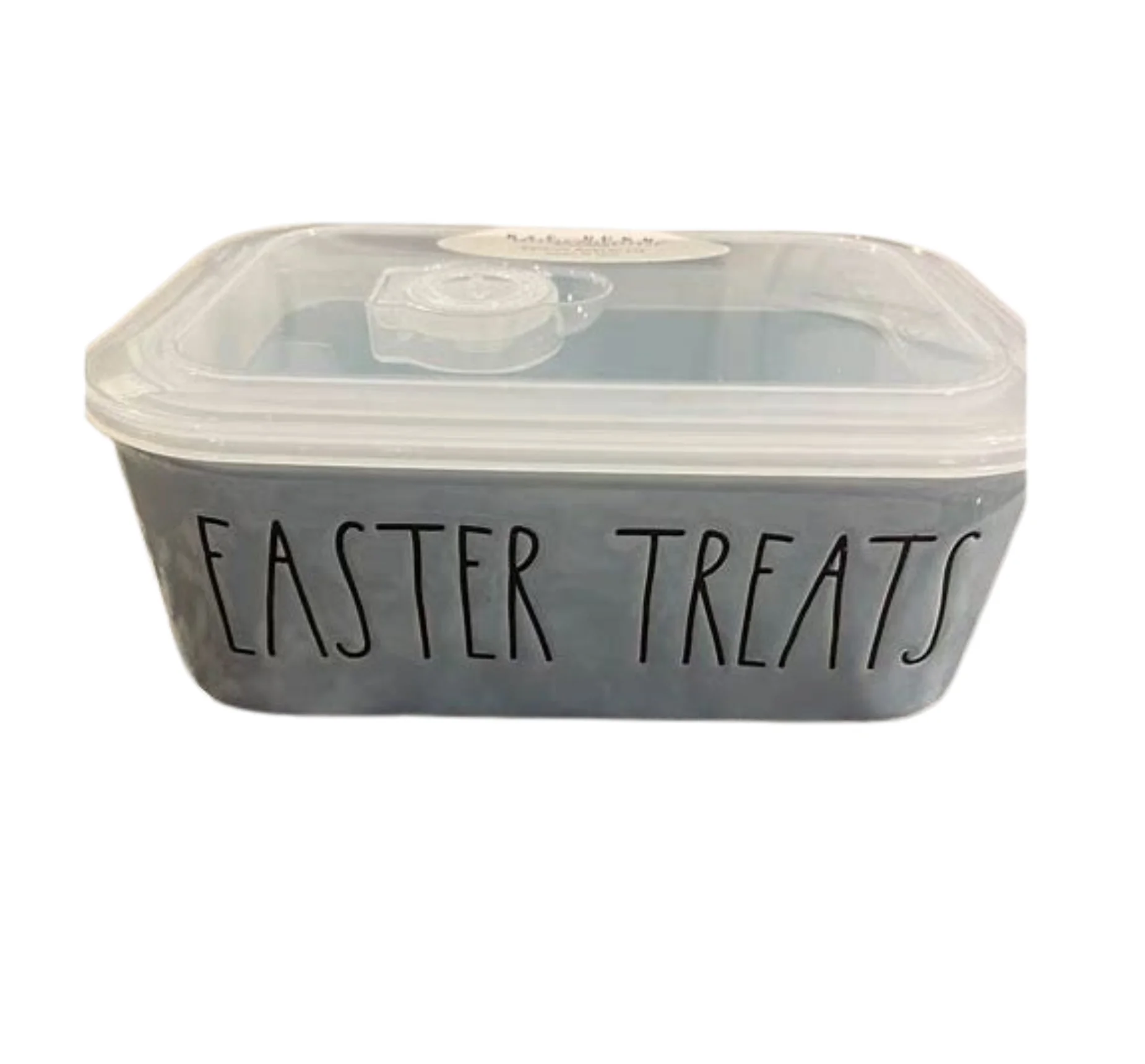 Rae Dunn EASTER TREATS Ceramic Blue Rectangle Bowl with Lid and Vent Black LL Letters Easter Kitchen Leftovers