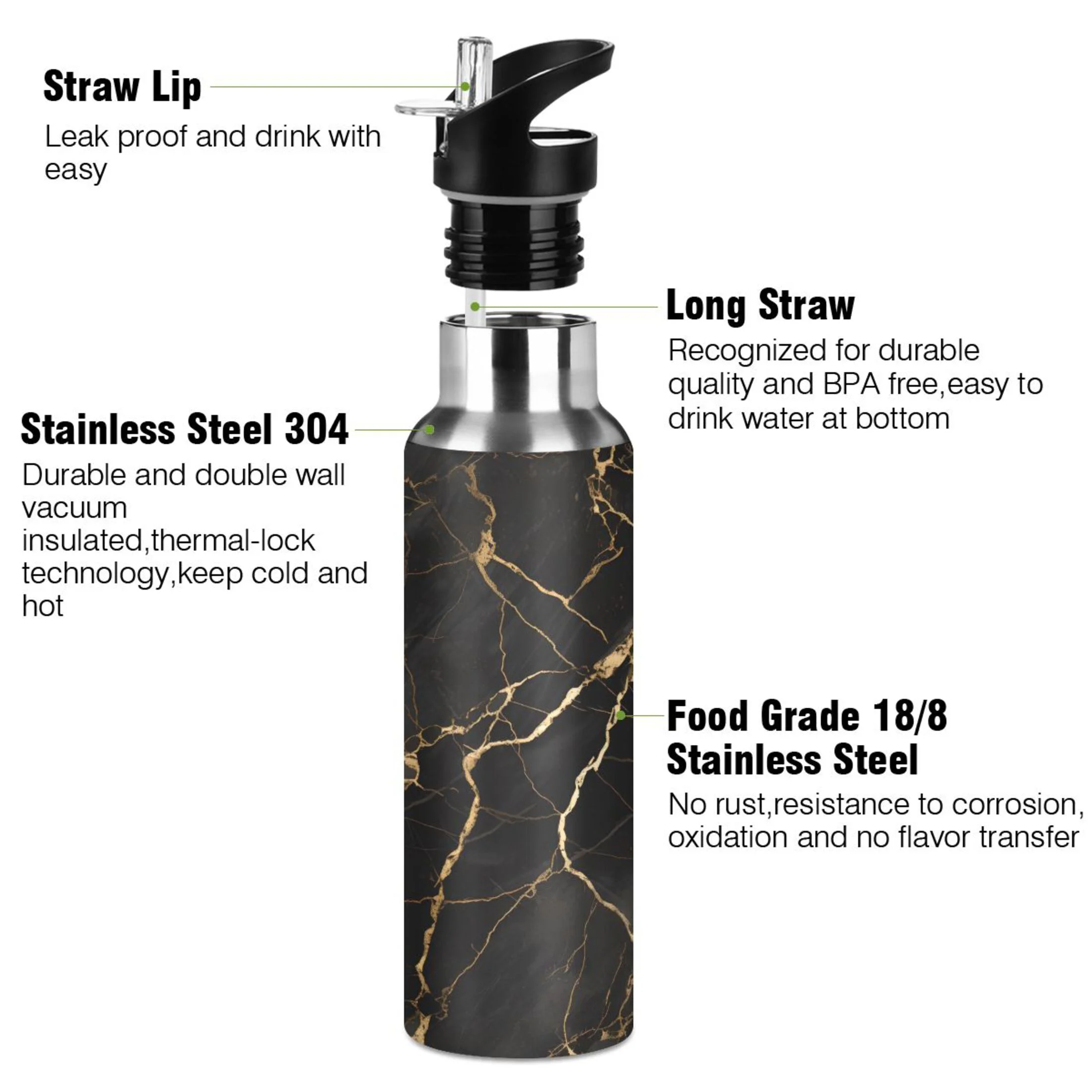Water Bottle with Straw Lid Leak Golden and Black Marble Stainless Steel Insulated Thermos Vacuum Flask for Cold Hot Drinking for Sports Camping Gym Yoga