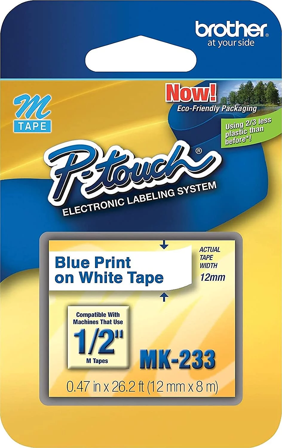 Mk233 M Series Labeling Tape For P-Touch Labelers, 1/2-Inch W, Blue On White