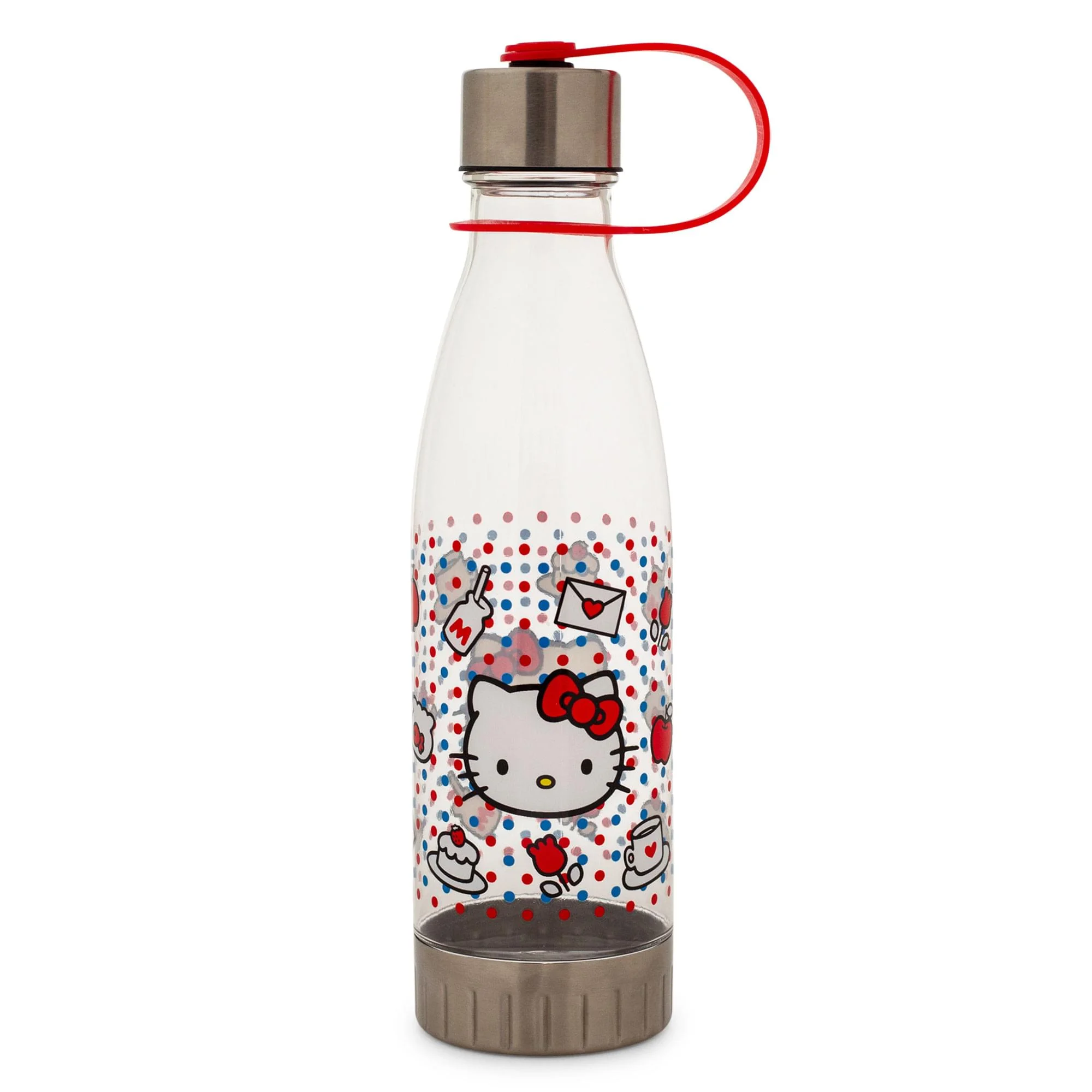 Hello Kitty 870777 20 oz Hello Kitty Polka Dots Water Bottle with Lid Strap, Clear