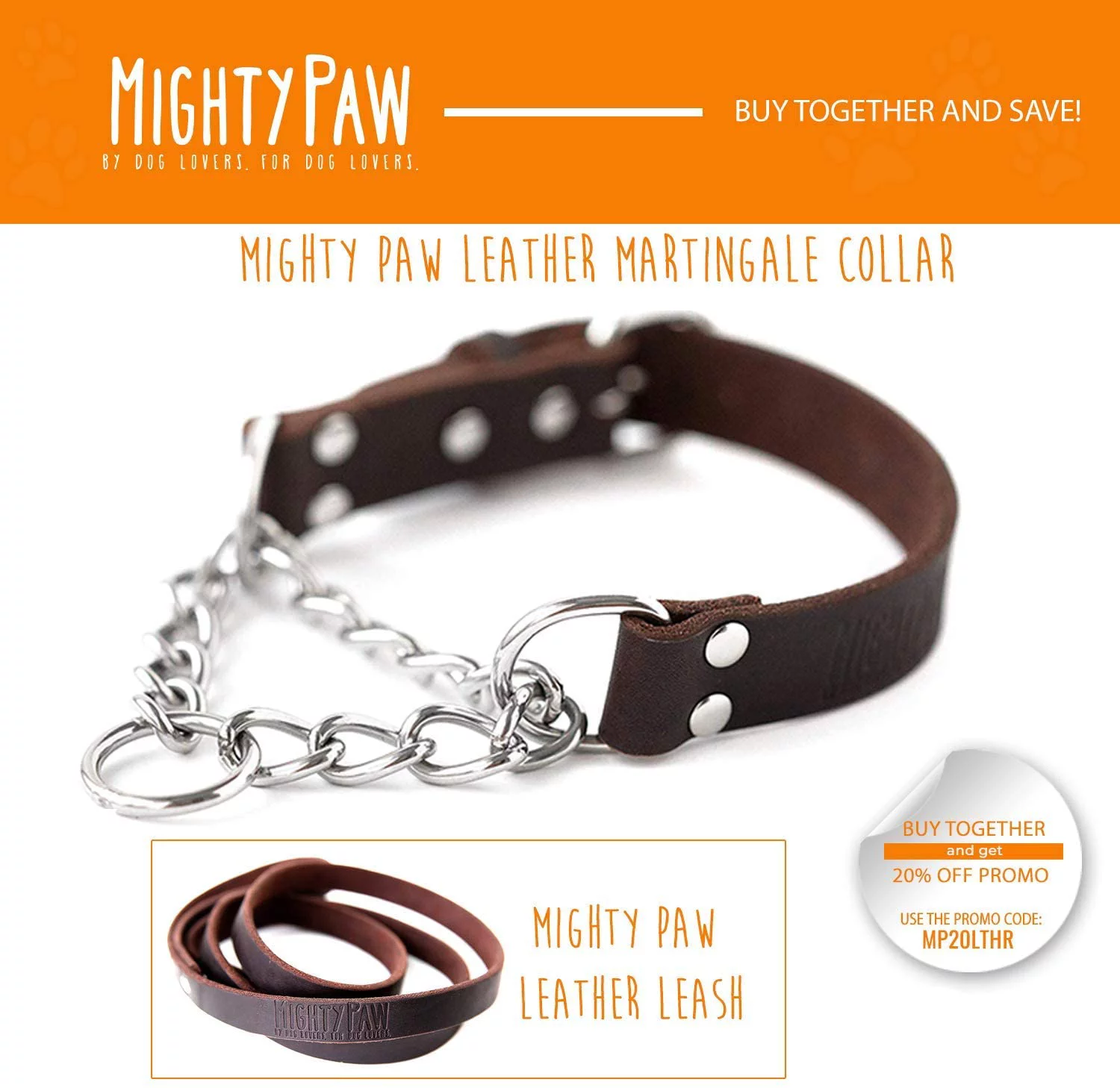 Mighty Paw Leather Training Collar, Martingale Collar, Stainless Steel Chain - Limited Chain Cinch Collar