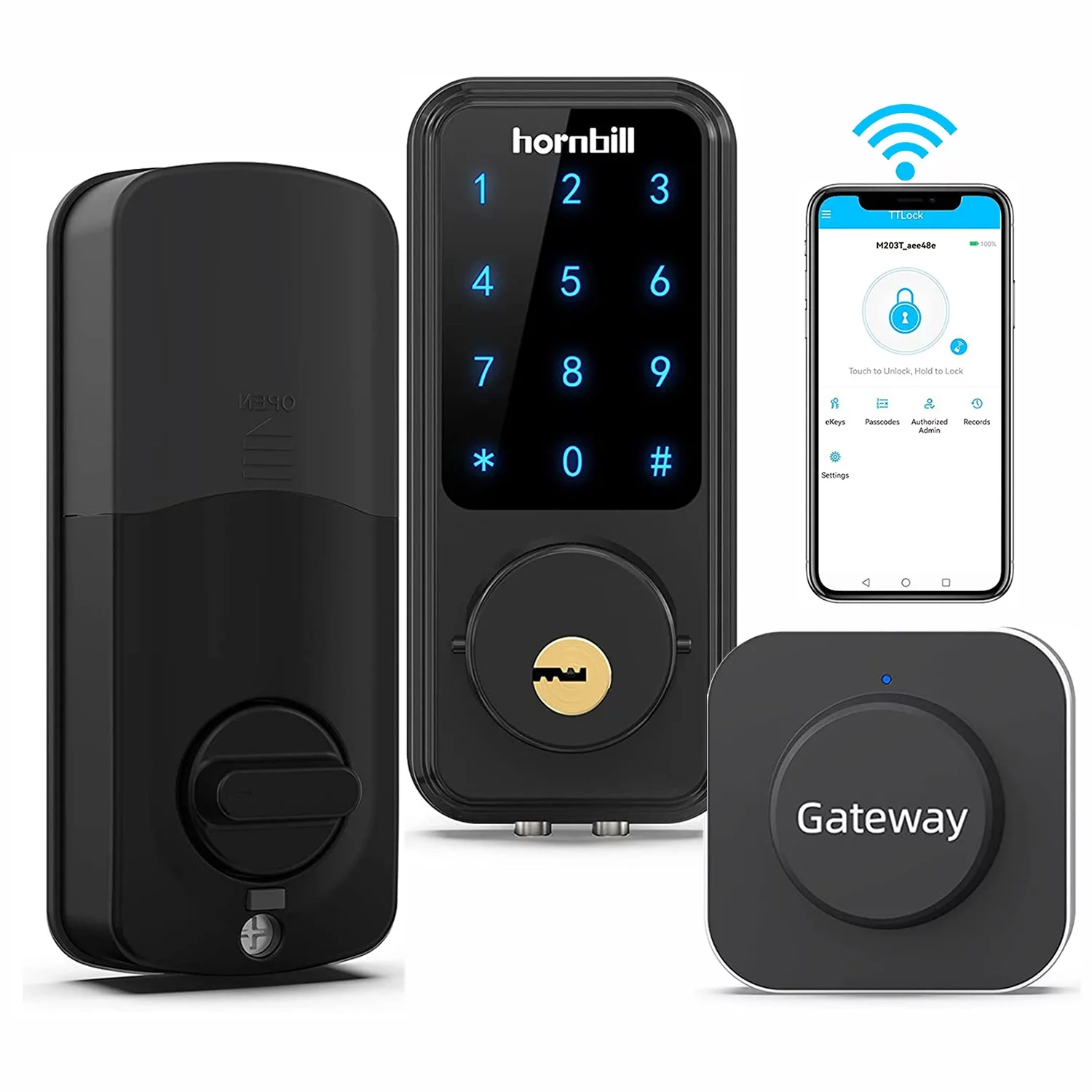 Wi-Fi Bluetooth Smart Lock, Keyless Entry Smart Front Lock, hornbill Touch Screen Keypads, Digital Electronic Lock, App Control, Auto Lock, Compatible with Alexa, Remotely Control Included G2 Gateway