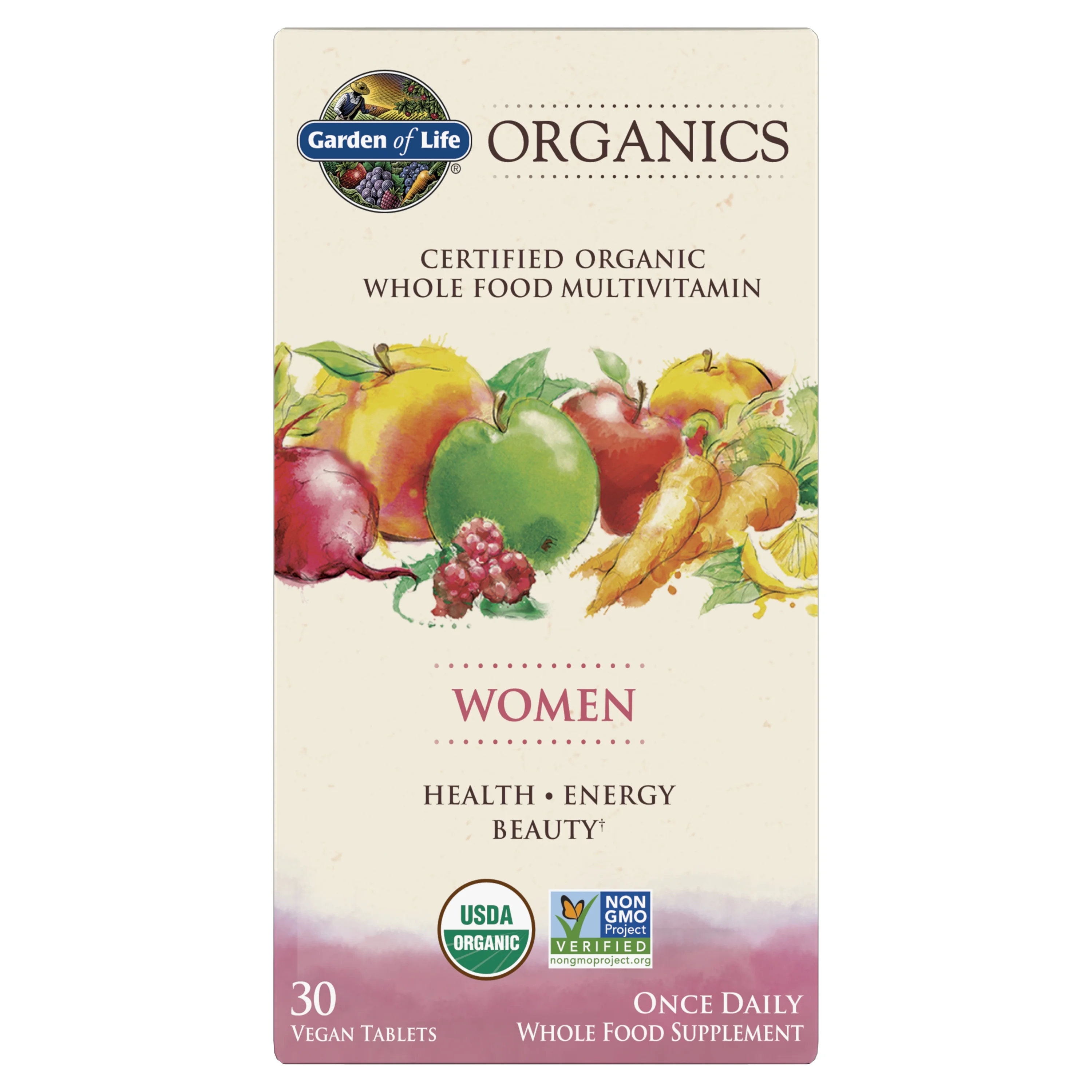 Garden of Life Organics Women's Once Daily Multi, whole food multi for Womens health, energy, hair skin & nails - one month supply