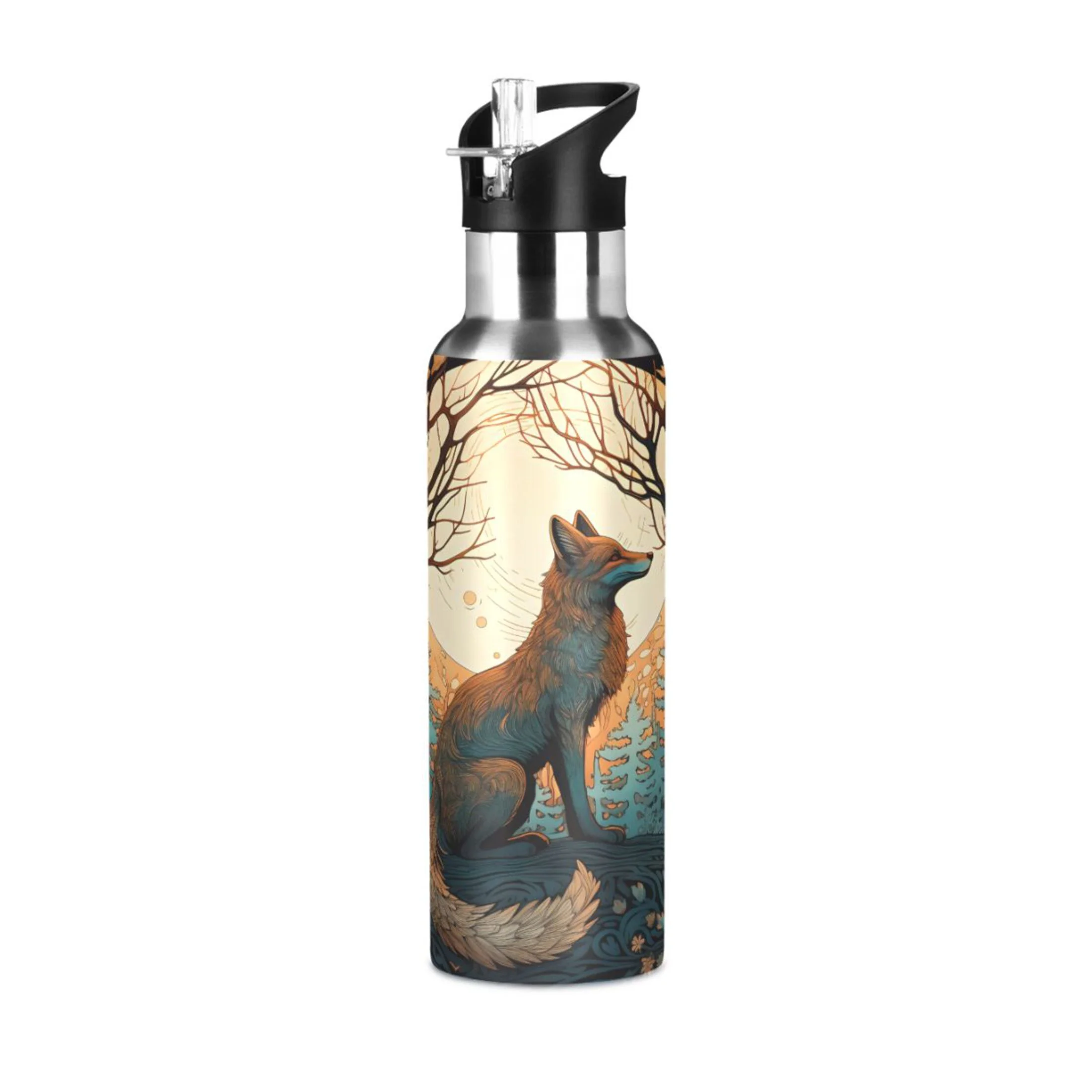 Water Bottle with Straw Lid Leak Wolf on Forest and Flowers Stainless Steel Insulated Thermos Vacuum Flask for Cold Hot Drinking for Sports Camping Gym Yoga