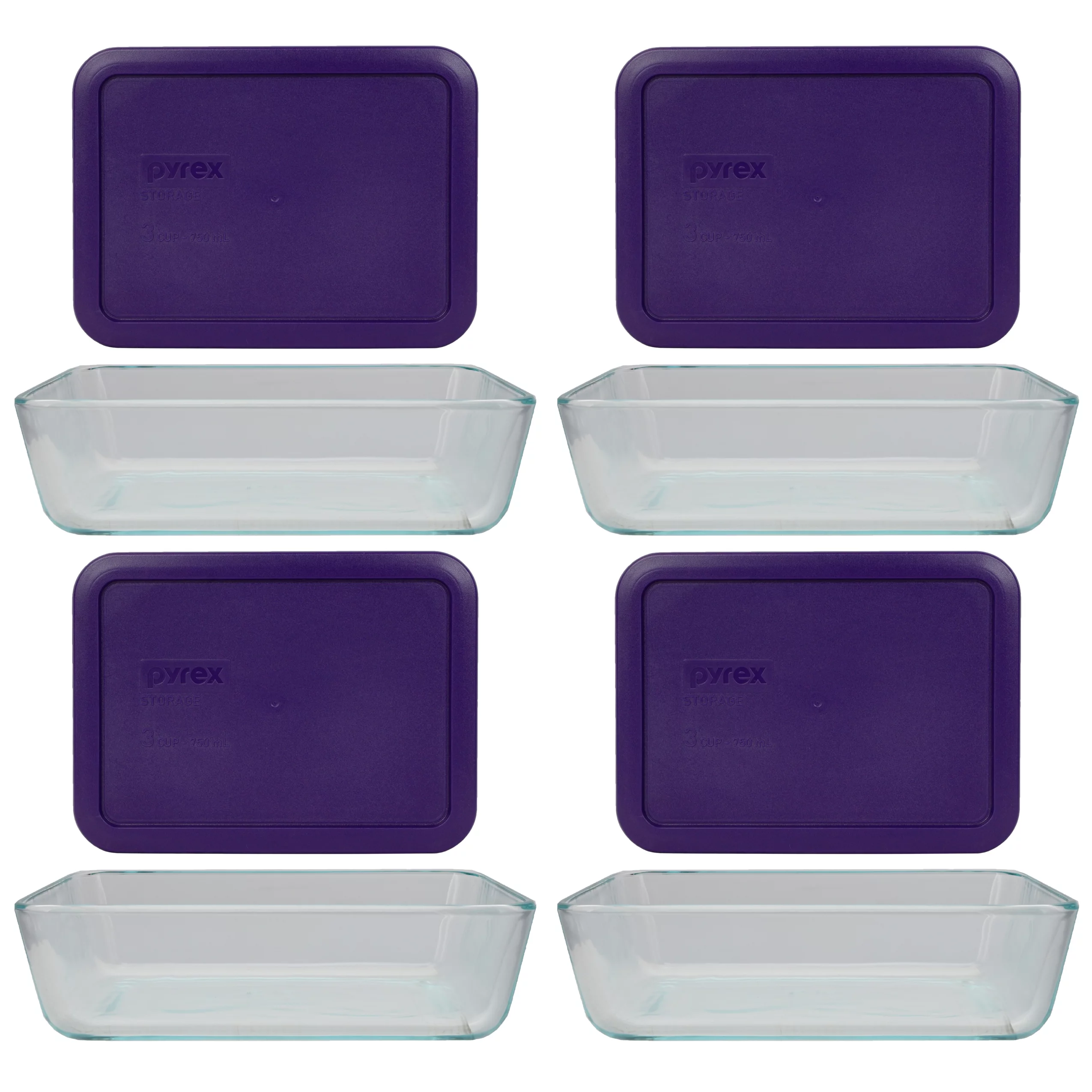 Pyrex (4) 7210 3-Cup Glass Food Storage Dishes and (4) 7210-PC Plum Purple Plastic Lids