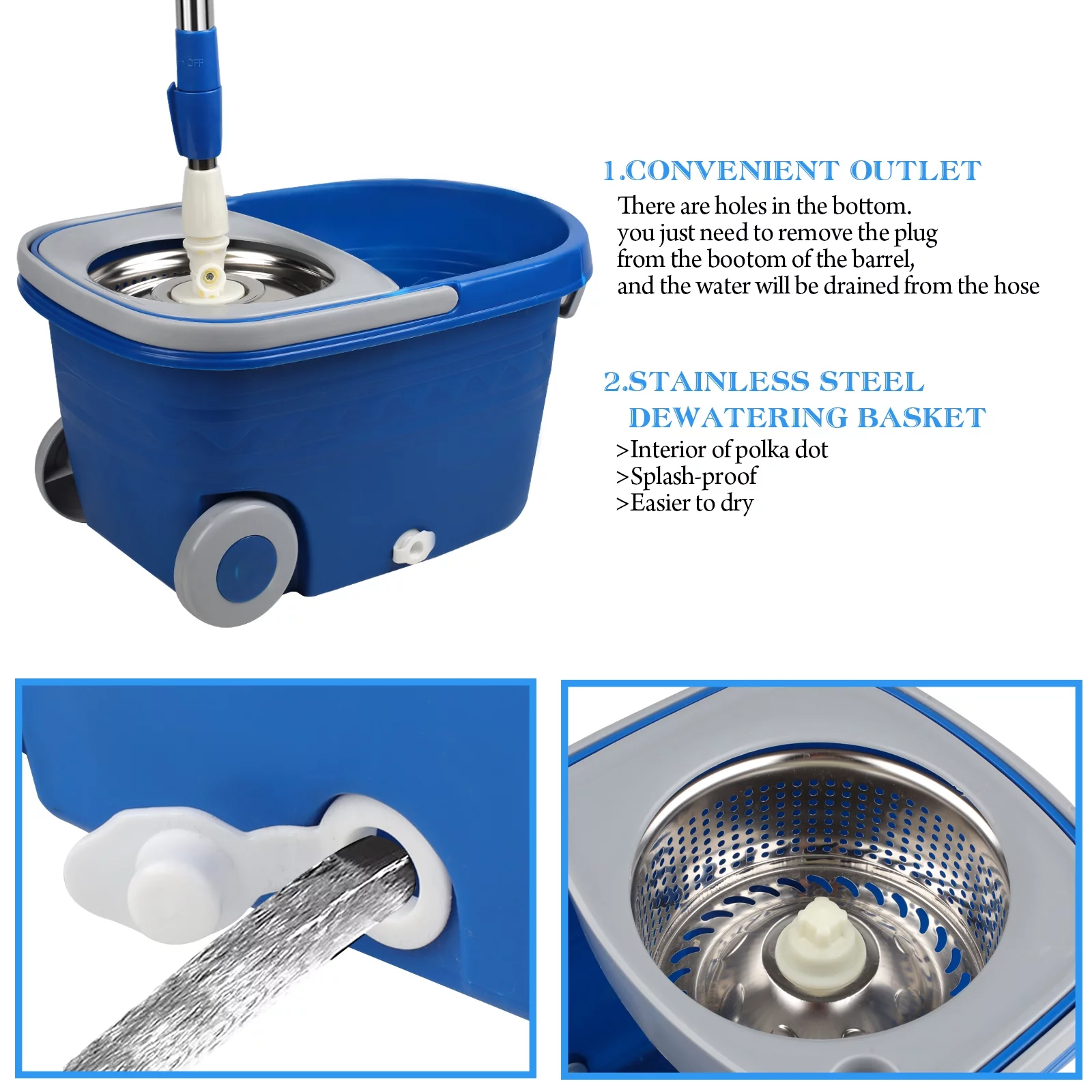 Spin Mop and Bucket Set with Wheels for Easy Moving,3  Microfiber Mop Heads for Floor Cleanning, Blue