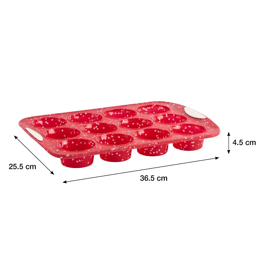 Trudeau Silicone Muffin Pan, Patented Structure Silicone, Red Heart Confetti, 12 Count