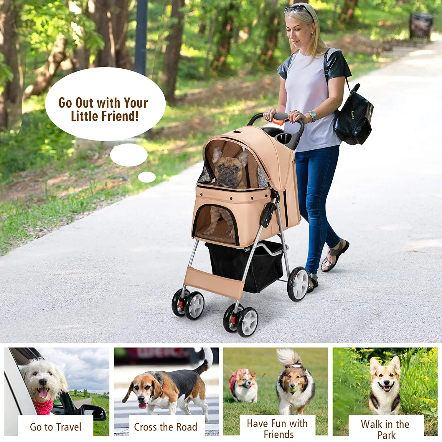 Folding Dog Stroller, Pet Stroller for Small Medium Dogs Cats Puppy, 4 Lockable Wheels Cat Stroller Travel Carrier Strolling Cart with Safety Belt, Removable Liner and Storage Basket (Beige)