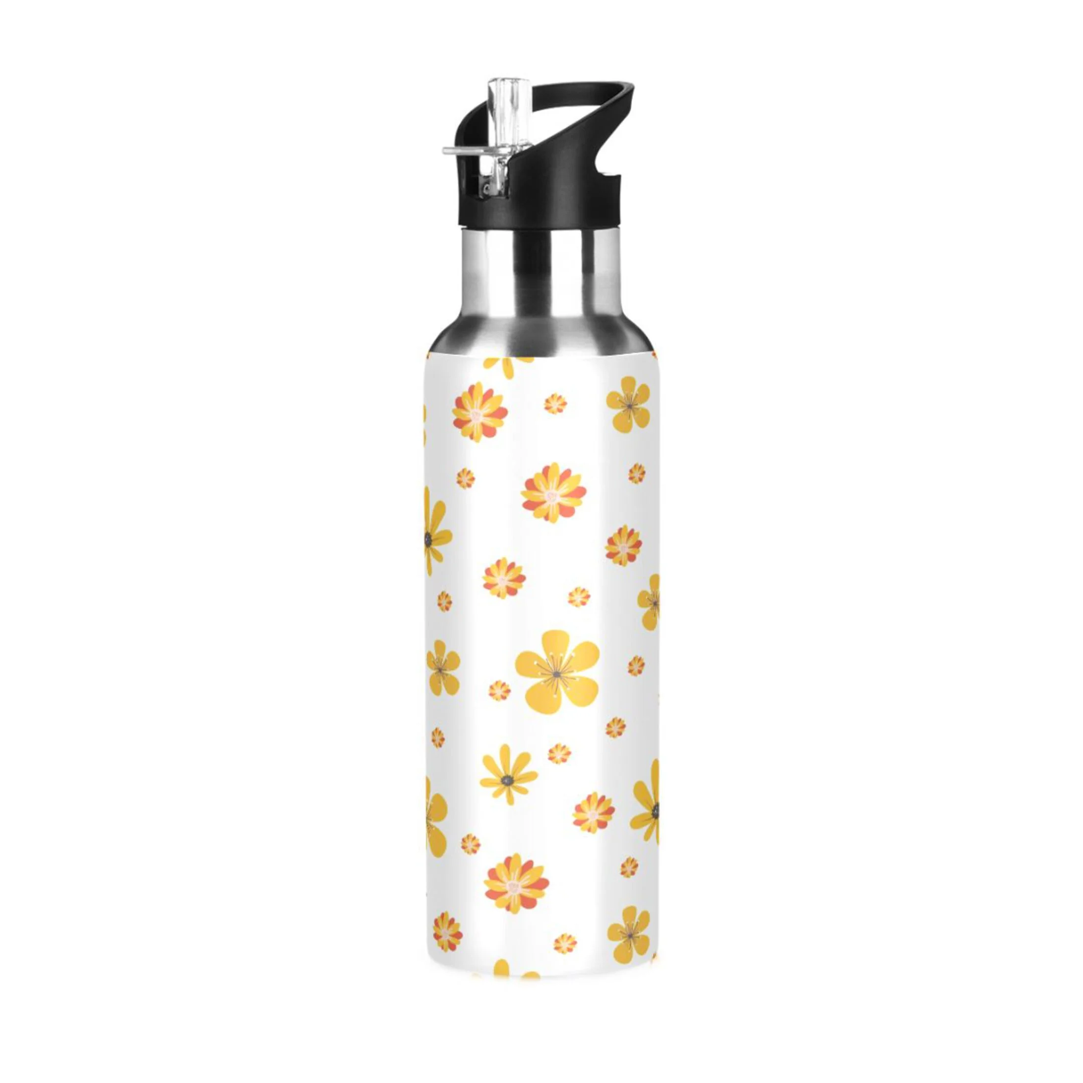 Water Bottle with Straw Lid Leak Floral Daisy Stainless Steel Insulated Thermos Vacuum Flask for Cold Hot Drinking for Sports Camping Gym Yoga