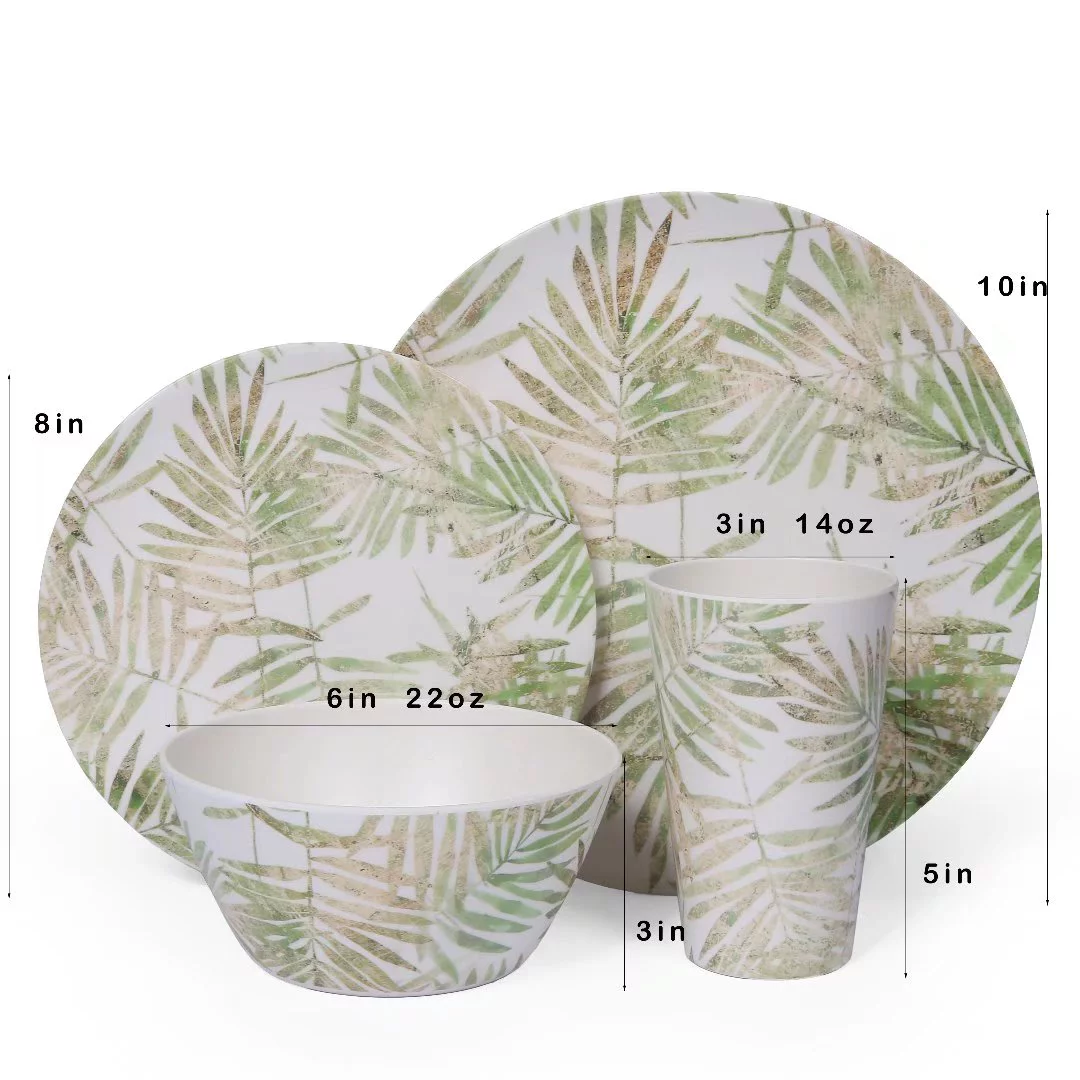 Cynnix 16pcs Melamine Dinnerware Sets, Dinner Plates, Salad Dishes, Bowls, Cups, Service for 4, Leaves Pattern,