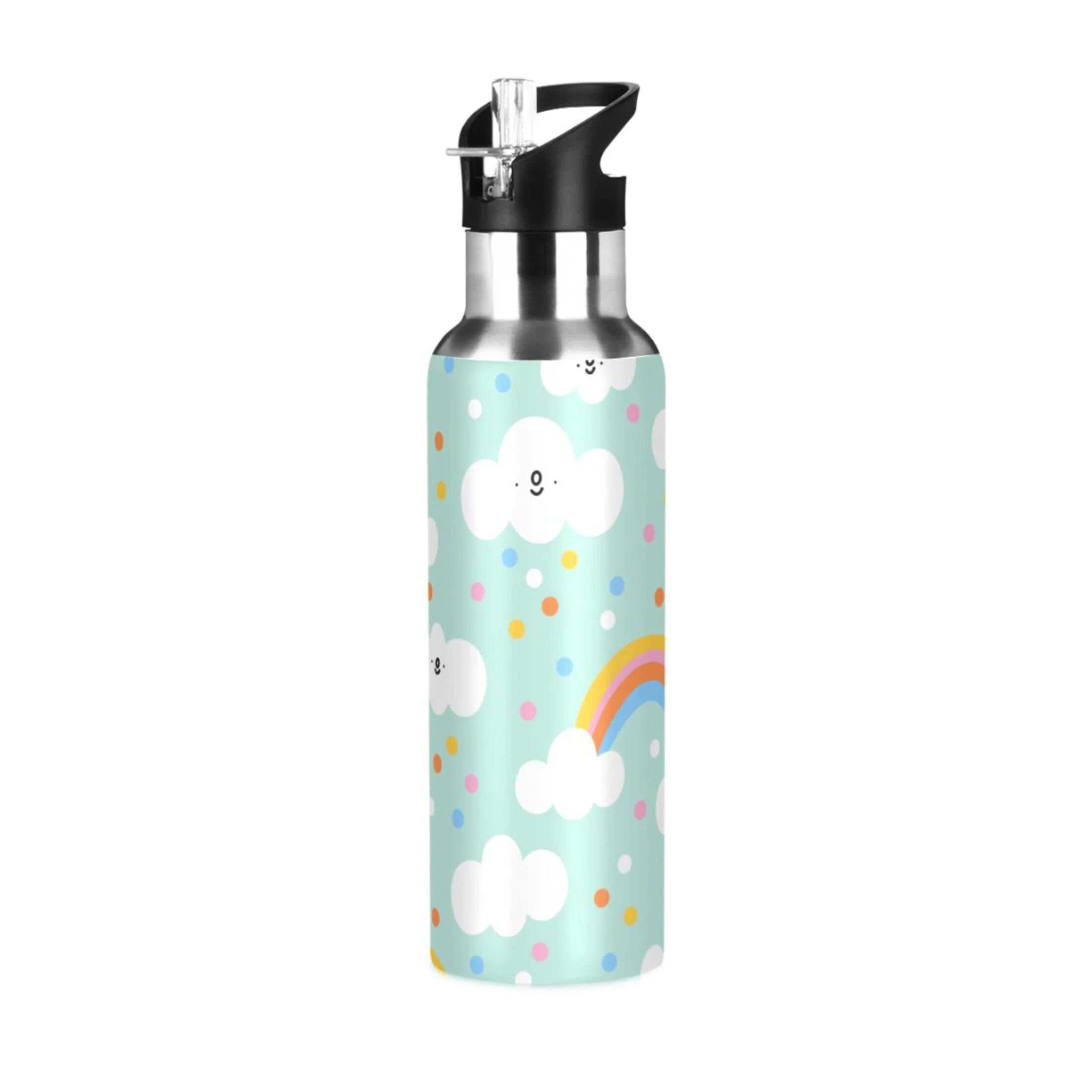 Stainless Steel Water Bottle Cute Rainbow Cloud on Green with Straw Lid Vacuum Insulated Leak Proof Flask Jug for Gym Travel Sports Cycling Outdoor 20 OZ