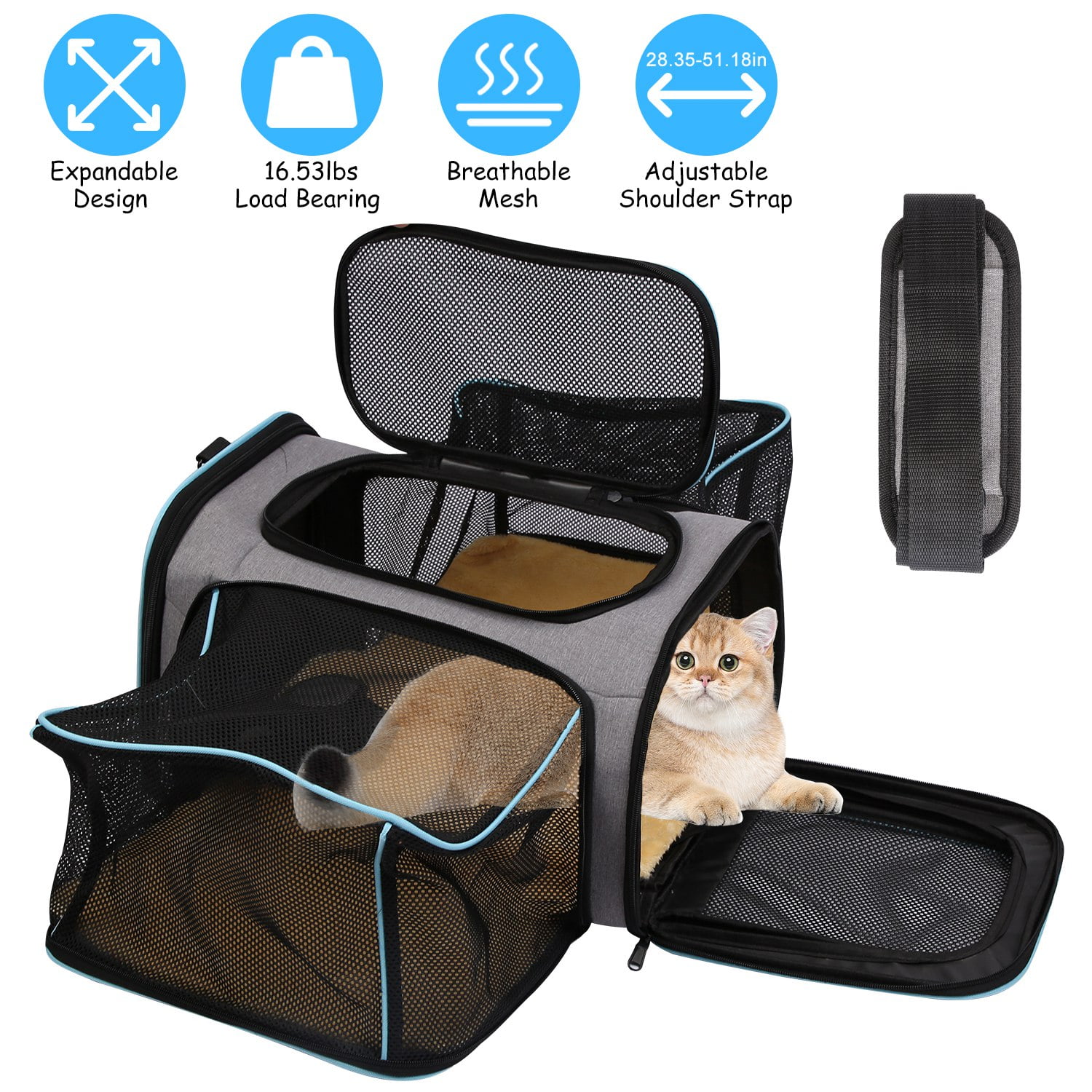 Expandable Pet Cat Carrier, iMounTEK Collapsible Soft Carrier Bag with Removable Fleece Pad Pockets Breathable Mesh Adjustable Shoulder Strap