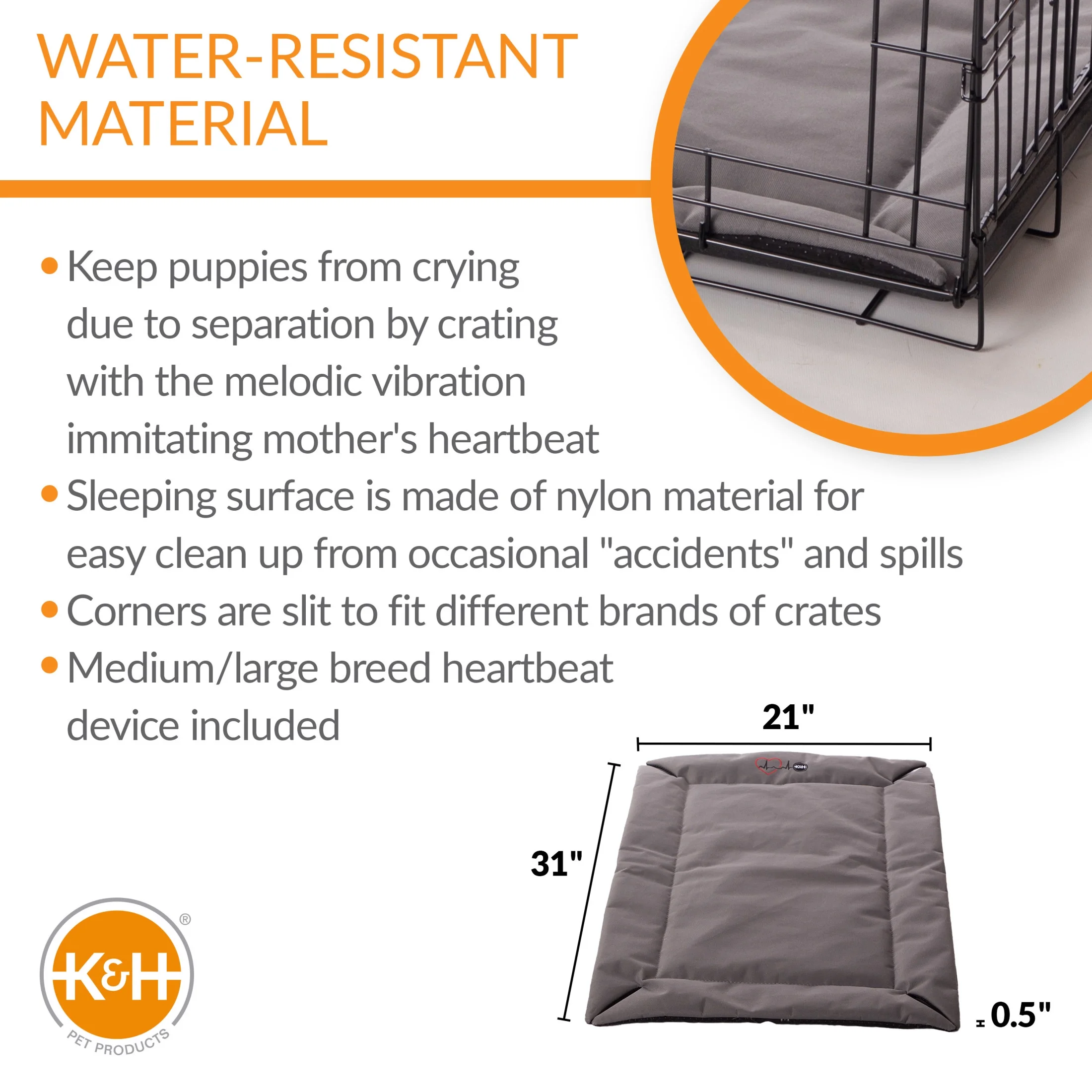 K&H Pet Products Mother’s Heartbeat Puppy Crate Pad Water-Resistant Gray Medium/large breed beat 21 X 31 Inches