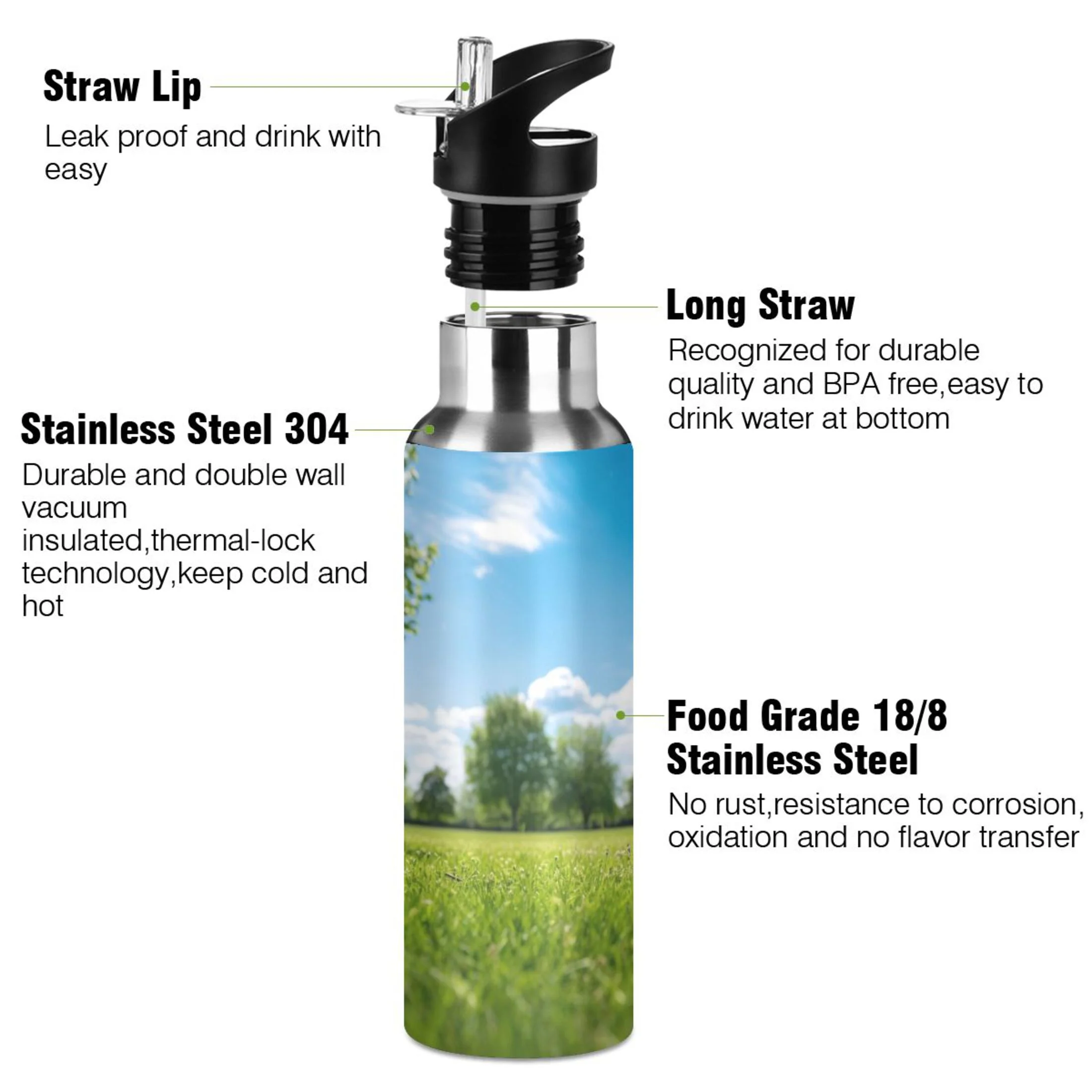 Grass Green Water Bottles Insulated Thermos Kids Stainless Steel Bottle with Straw Lid Flask Leakproof for Sports Gym 20 oz