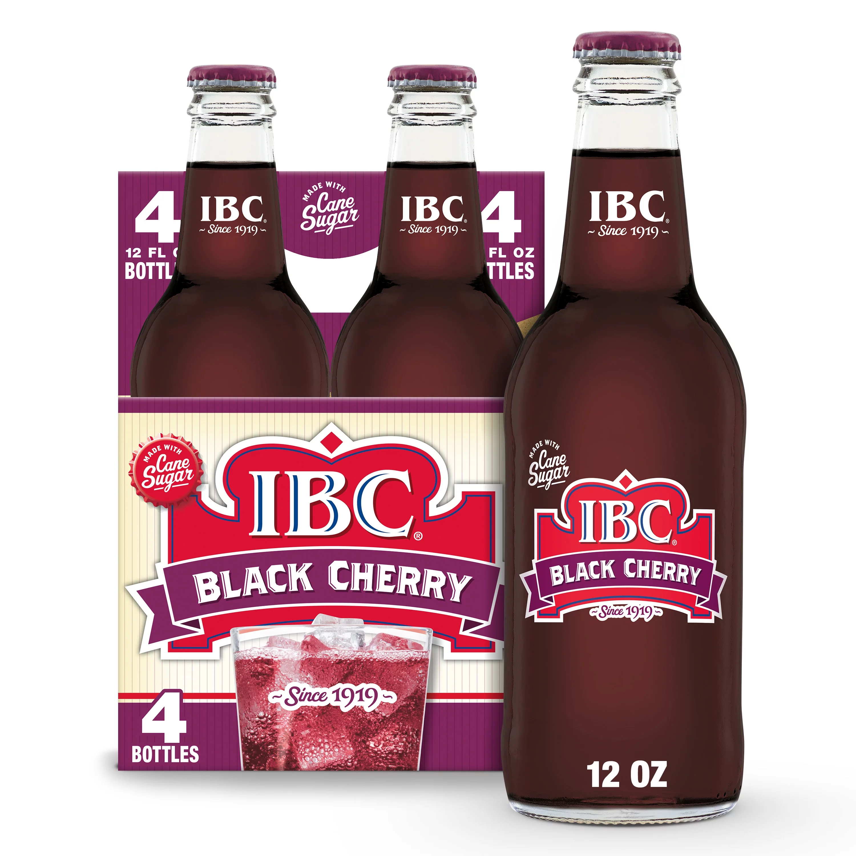 IBC Black Cherry Made with Sugar Soda, 12 fl oz, 4 Pack Glass Bottles
