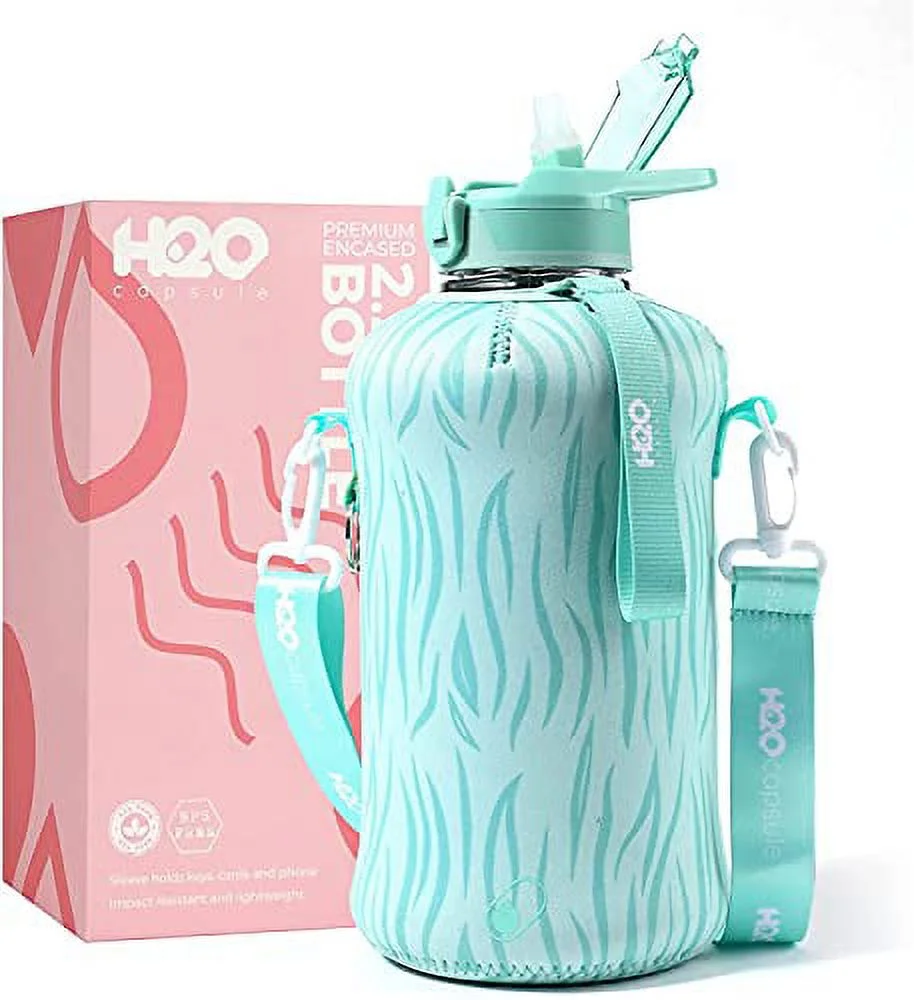 H2O Capsule 2.2L Half Gallon Water Bottle with Storage Sleeve and Covered Straw Lid - BPA Free Large Reusable Drink Container with Handle - Big Sports Jug, 2.2 Liter (74 Ounce) Teal Tiger