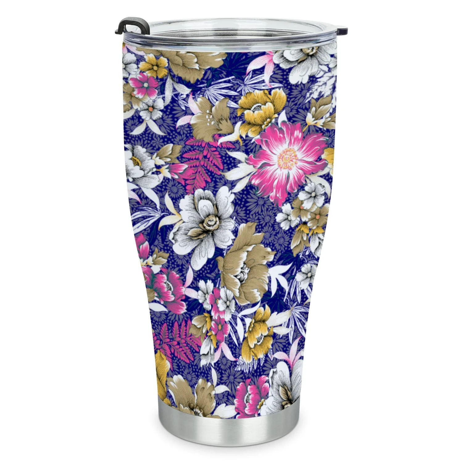 Hidove Stainless Steel Tumbler, Watercolor Flowers Fabric Pattern on Navy 30oz Leak Proof & Stainless Steel Bottle for Hot & Cold Drinks - Coffee Travel Mug, Water Metal Canteen, Thermal Cup