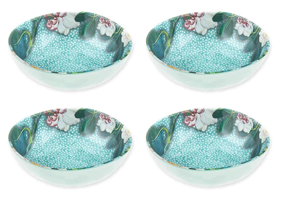 New York Botanical Garden Floral Magnolia Melamine Dinnerware in Seabreeze Blue, Set of 4 (Salad Bowl 6.5-Inch)