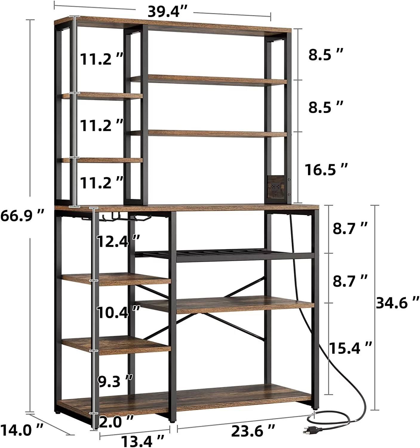 DIQIN Kitchen Microwave Stand 1 1 with 1, 39 Inch Large Freestanding Tall Dining Room Storage Shelves for Wine Liquor with Cup Holder, Rustic Brown