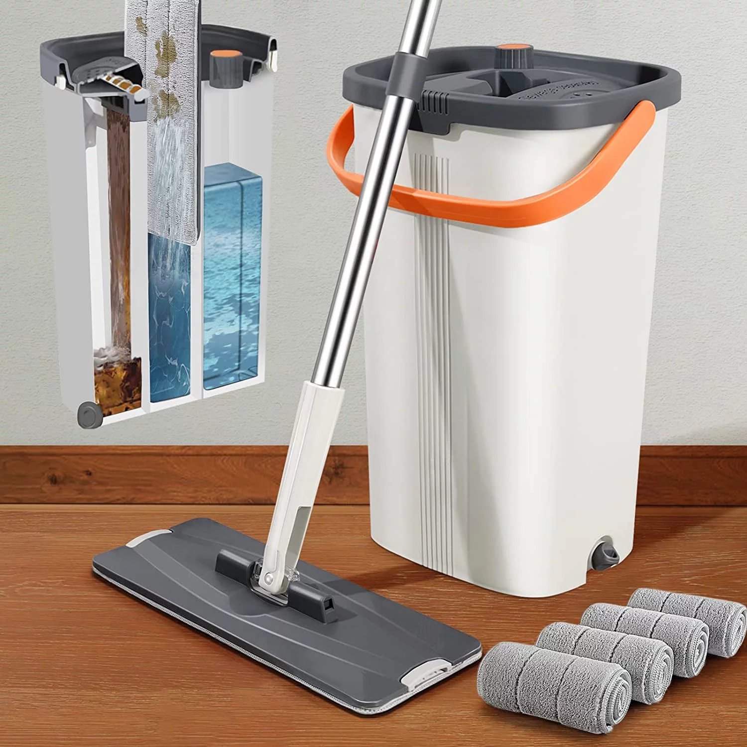 TWINNIS  Flat Mop and Bucket Set ,Separate Dirty/Clean Water,Includes 3 Reusable Microfiber Mop Pads