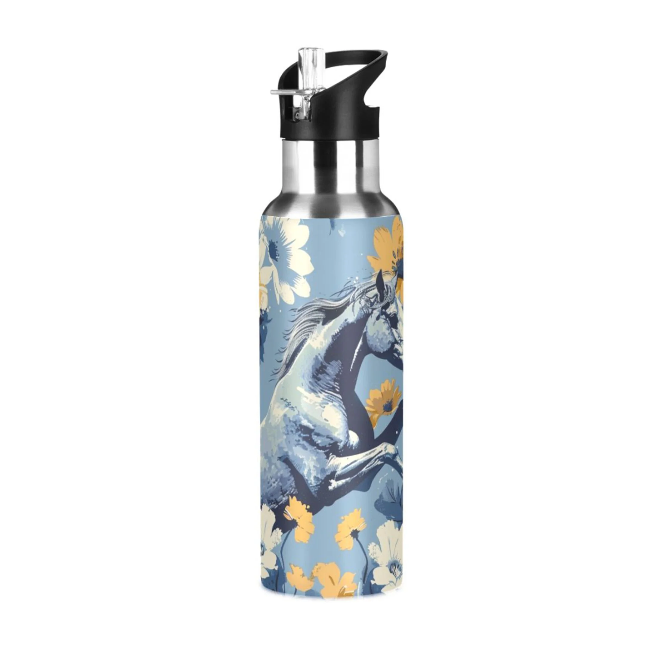 Retro Horse in Flowers Water Bottles Insulated Thermos Kids Stainless Steel Bottle with Straw Lid Flask Leakproof for Sports Gym 20 oz
