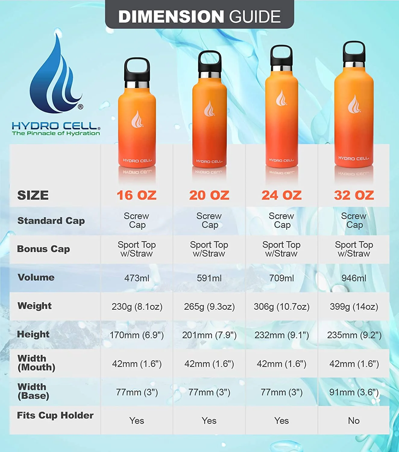 HYDRO CELL Stainless Steel Water Bottle w/Straw & Standard Mouth Lids