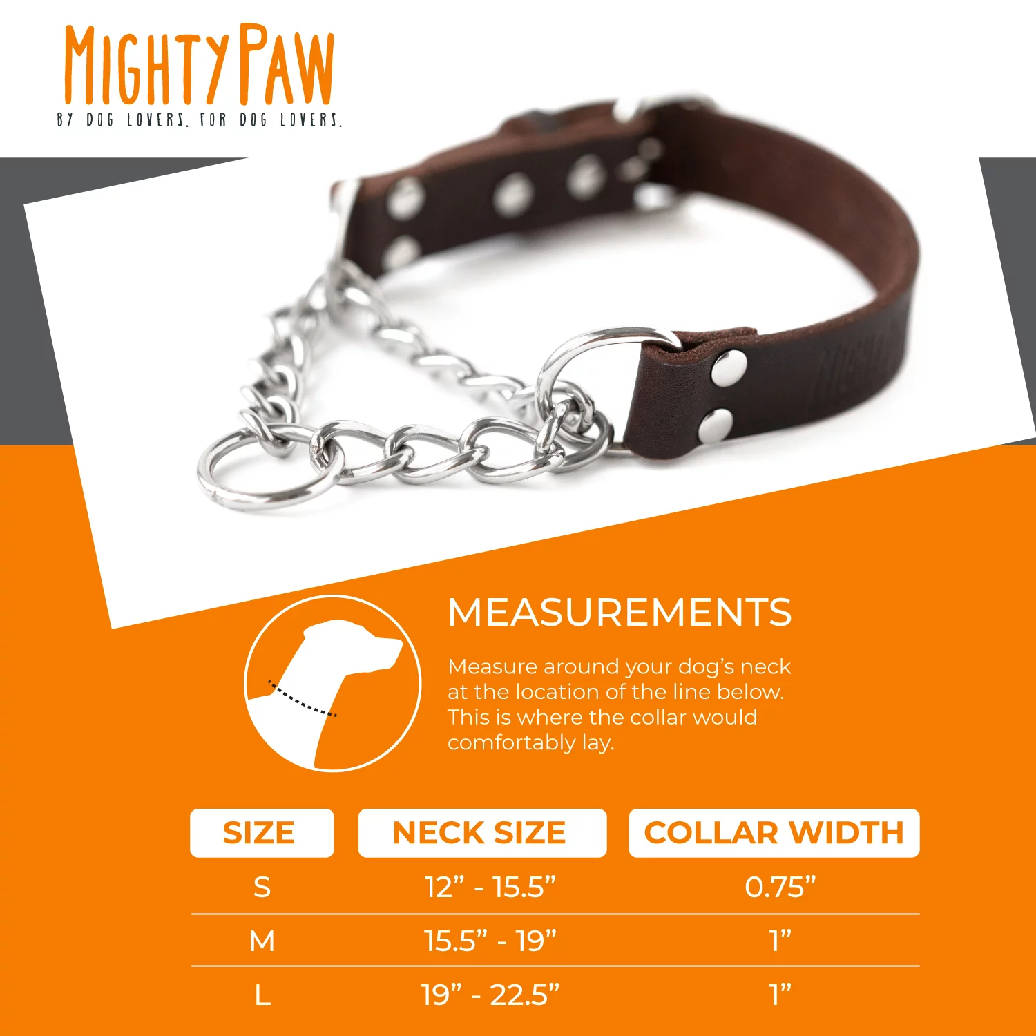 Mighty Paw Leather Training Collar, Martingale Collar, Stainless Steel Chain - Limited Chain Cinch Collar