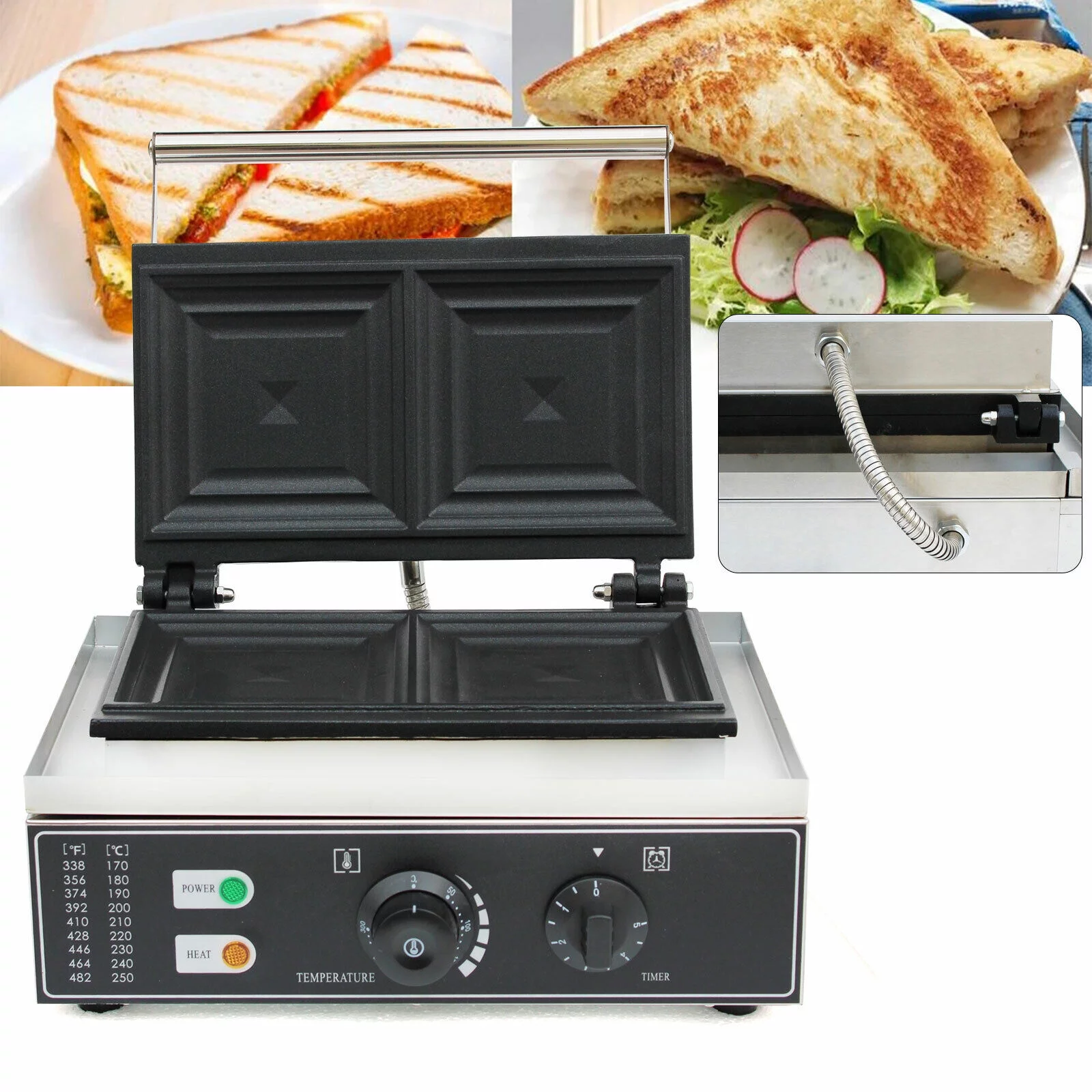 ZhdnBhnos 2-Slice Commercial Sandwich Maker Burgers Machine Toaster Electric Panini Grill Nonstick Breakfast Machine Waffle Maker 110V 1500W