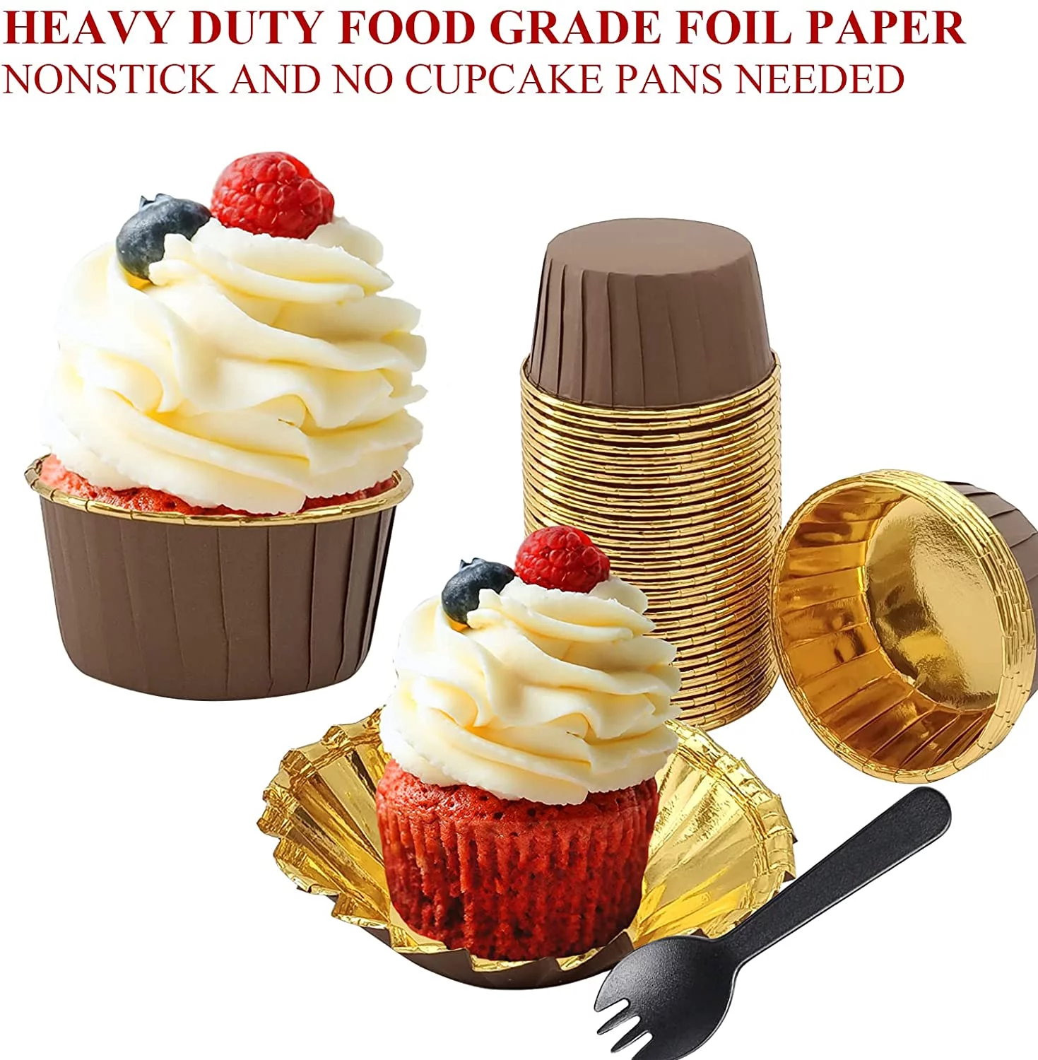 Foil Cupcake Liners with Dome Lids 100 Pack, 5.5 Oz Muffin Tin Muffin Cups, Disposable Ramekins Cups Wrap Holders, Large Baking Cups Muffin Liners,with Gold Brown Spoons