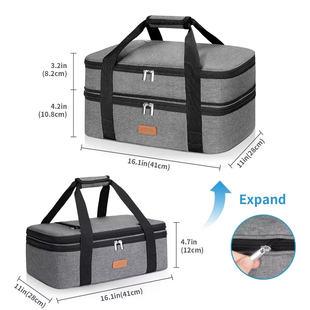 LHZK Insulated Casserole Carrier For Hot or Cold Food, Insulated Expandable Hot Food Carrier, Collapsible Lasagna Holder Tote for Potluck Parties, Picnic, Fits 11 x 15 or 9 x 13 Baking Dish (Grey)