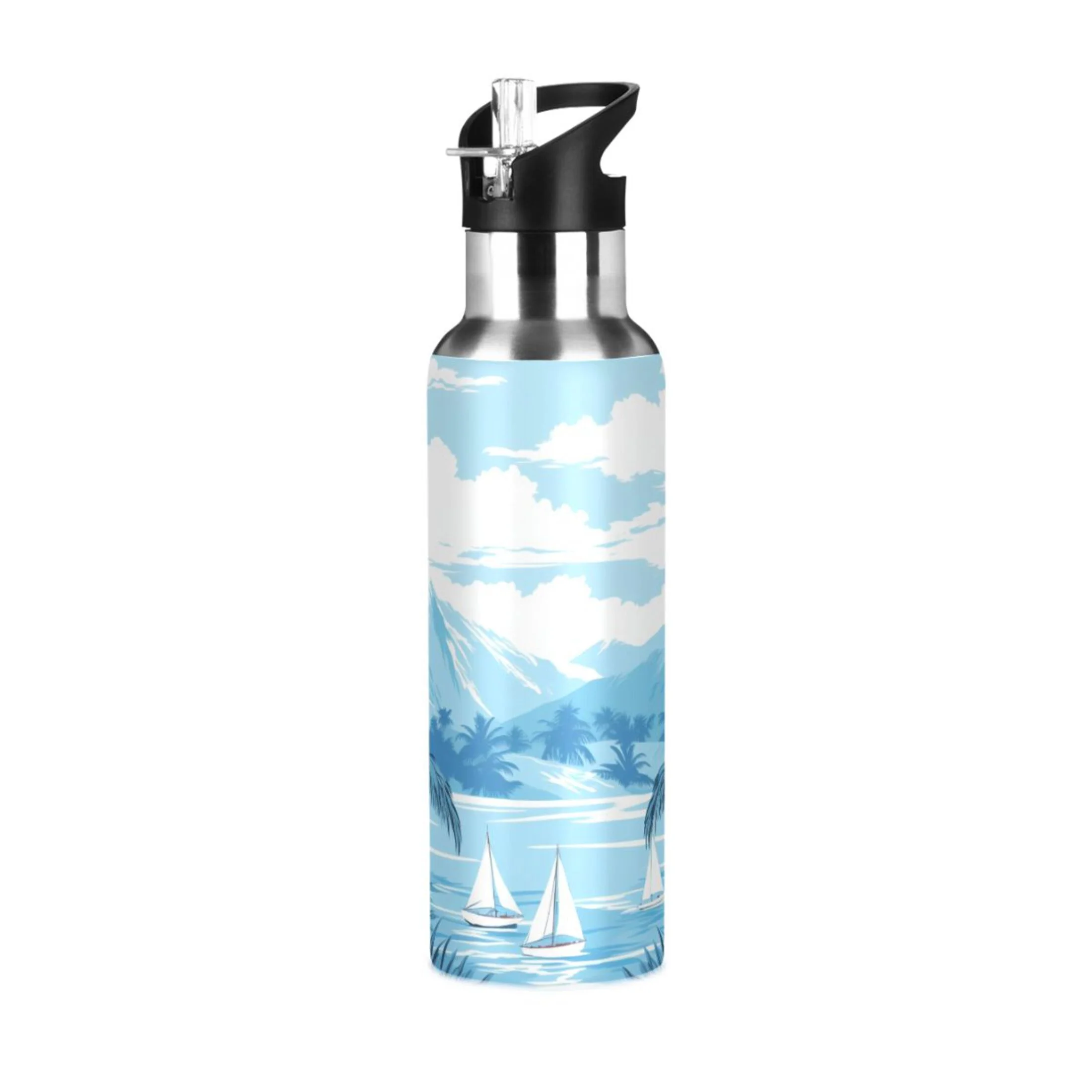 Winter Palm Trees Landscape Water Bottles Insulated Thermos Kids Stainless Steel Bottle with Straw Lid Flask Leakproof for Sports Gym 20 oz