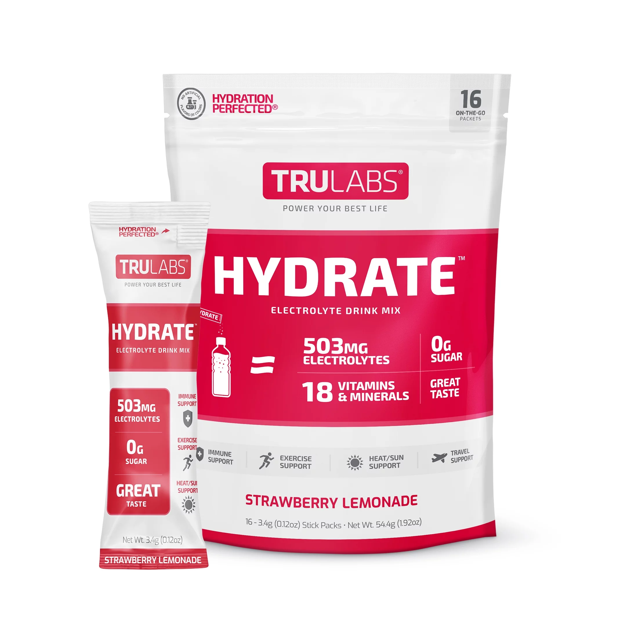 TruLabs Hydrate Strawberry Lemonade, Hydration Electrolyte Powdered Drink Mix, 16 Sticks