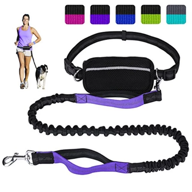 hands free dog leash for running walking training hiking, dual-handle reflective bungee, poop bag dispenser pouch, adjustable waist belt, shock absorbing, ideal for medium to large dogs (black/purple)