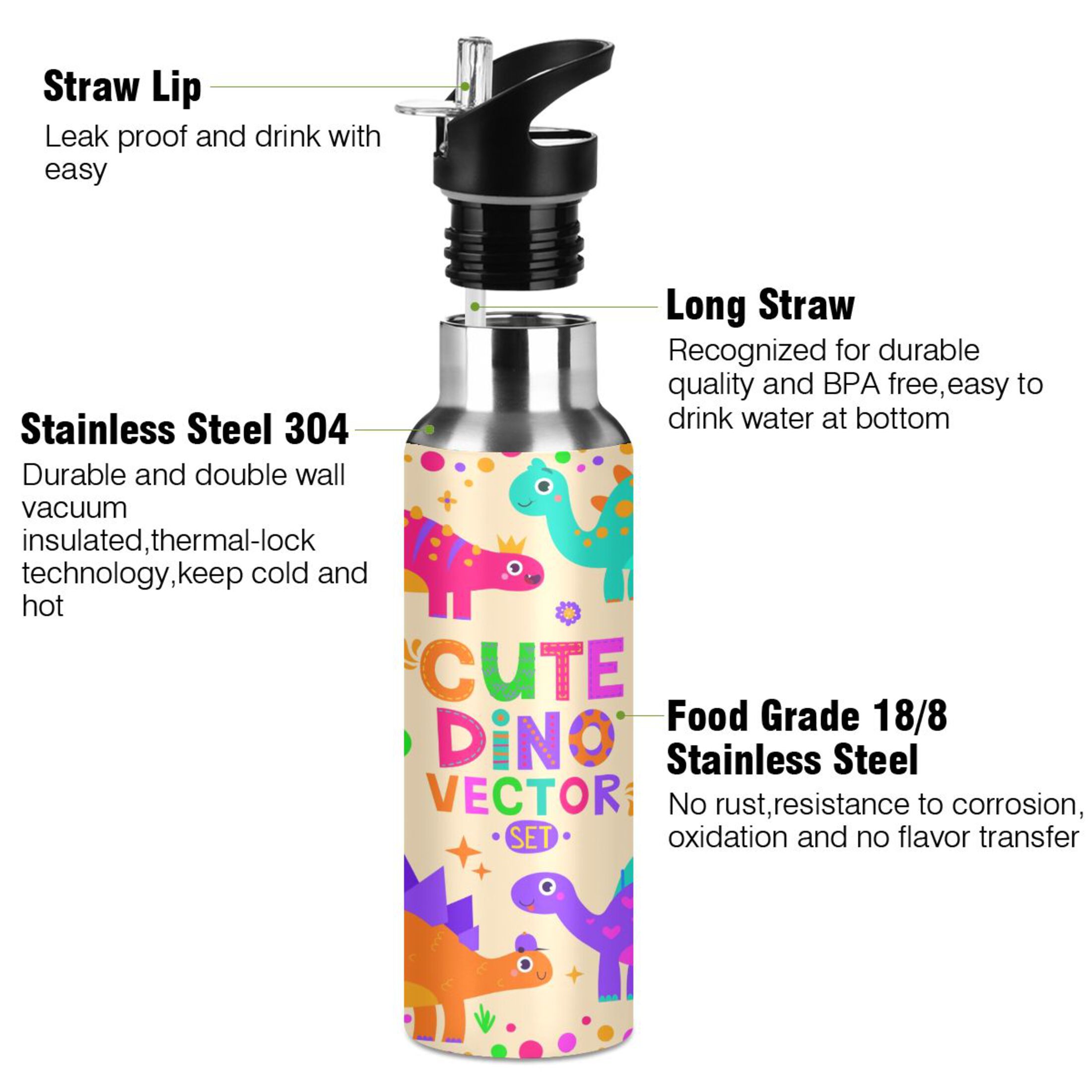 Stainless Steel Water Bottle Cute Dinosaurs Having Fun with Straw Lid Vacuum Insulated Keeps Hot and Cold Leak Proof Flask Jug for Gym Travel Sports Cycling Outdoor 20 OZ