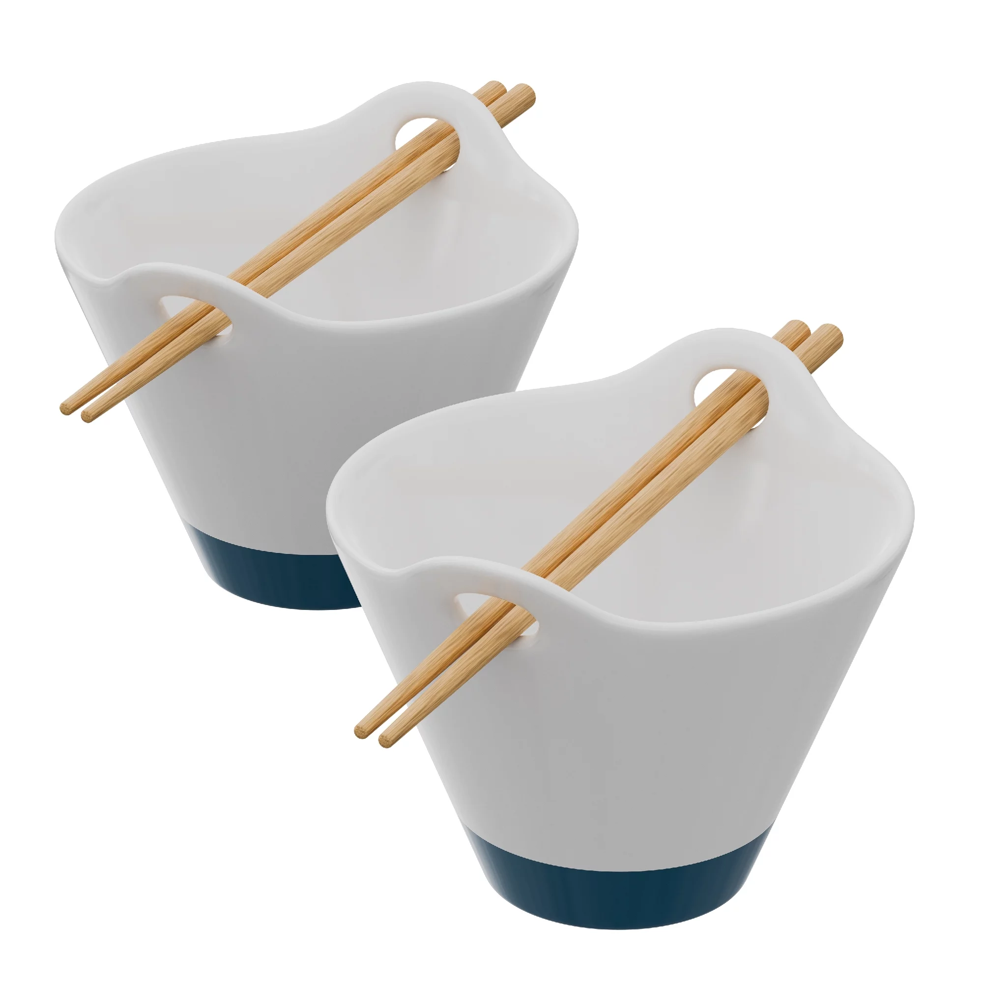 American Atelier Ramen Bowl with Chopsticks, Miso Soup, Udon Noodle Bowls for Kitchen, Stoneware Soup Bowl (25 Oz), White & Blue with Built-in Handles / Chopstick Rest