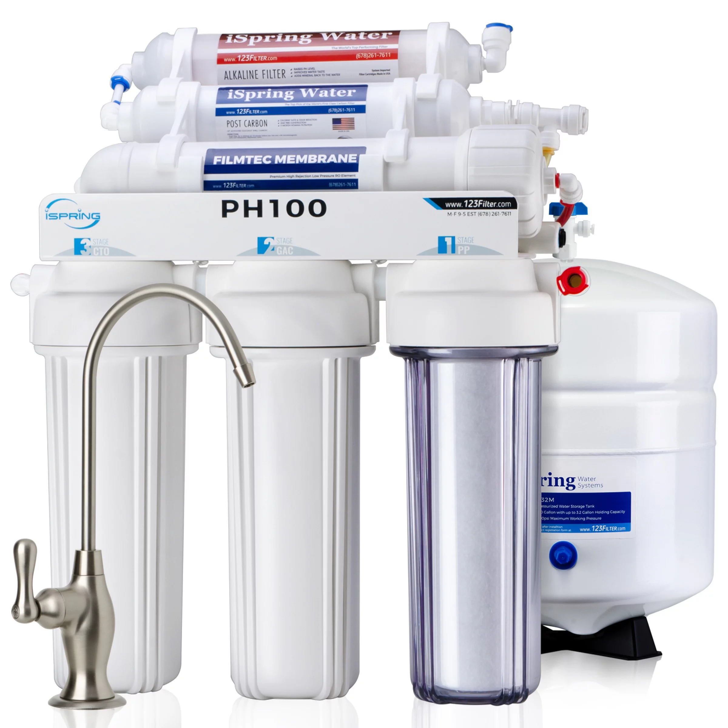 iSpring PH100 pH+ 6-Stage Under Sink Reverse Osmosis RO Drinking Water Filtration System 100 GPD Fast Flow 1:1 Pure to Waste Ratio with Alkaline Remineralization, US Made Filters