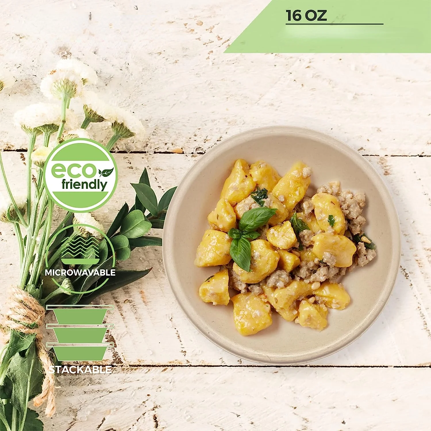 [500 COUNT] 16oz Round Paper Bowls, Compostable Disposable Eco-Friendly Containers made Bagasse plant fibers for Meal Prep Takeout Dinnerware Plates Catering 100% by-product