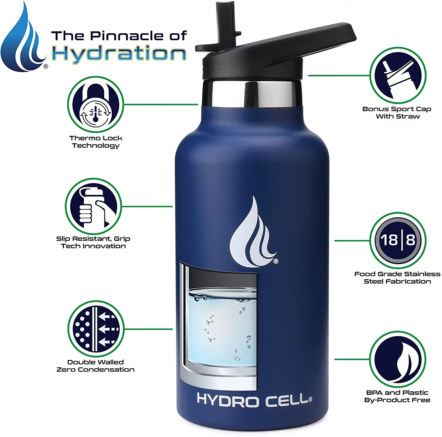 HYDRO CELL Stainless Steel Water Bottle w/Straw & Standard Mouth Lids