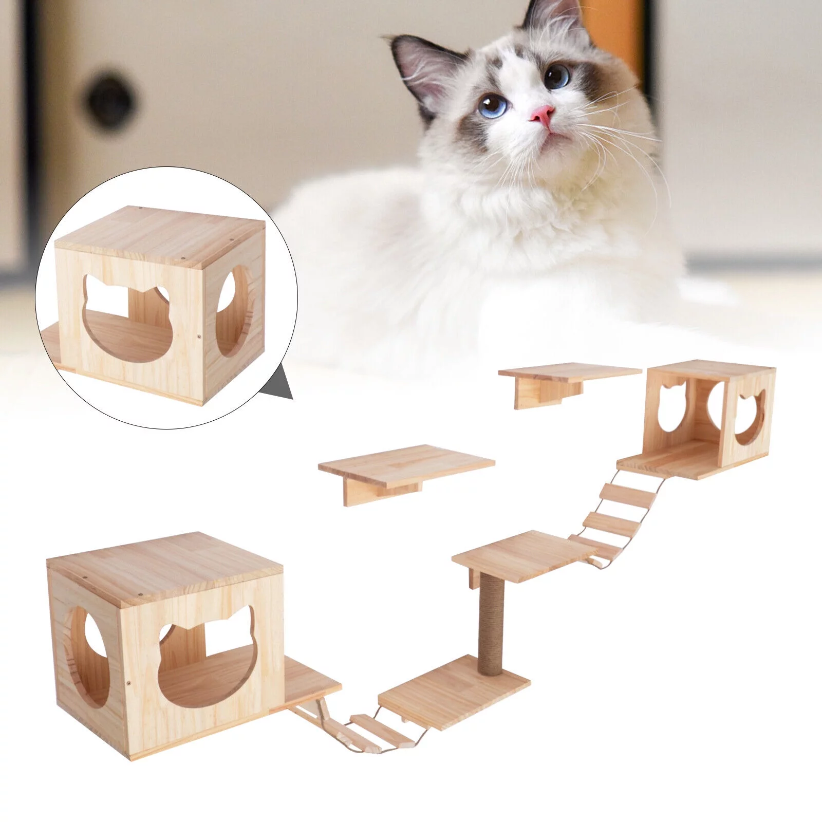 Miumaeov Wall Wood Cat Climber Set Sturdy Cat Wall Shelves and Perches Set with 2 Cat Houses 4 Cat Shelves 2 Ladders and 1 Cat Scratching Post for Catteries Homes Pet Stores