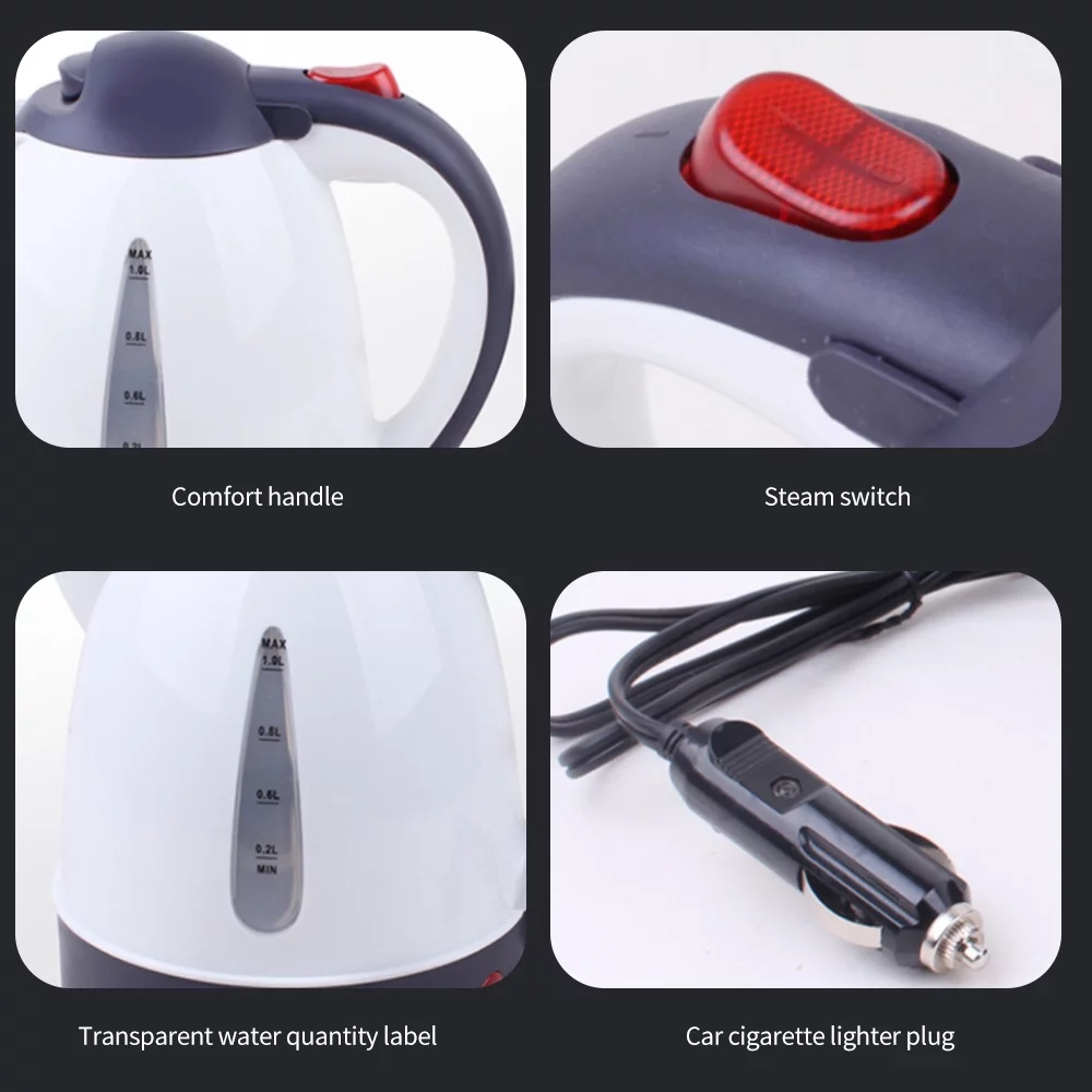 Andoer 1000mL Car Electric Kettle, Quick Heating Lighter Kettle for Trip Travel, White