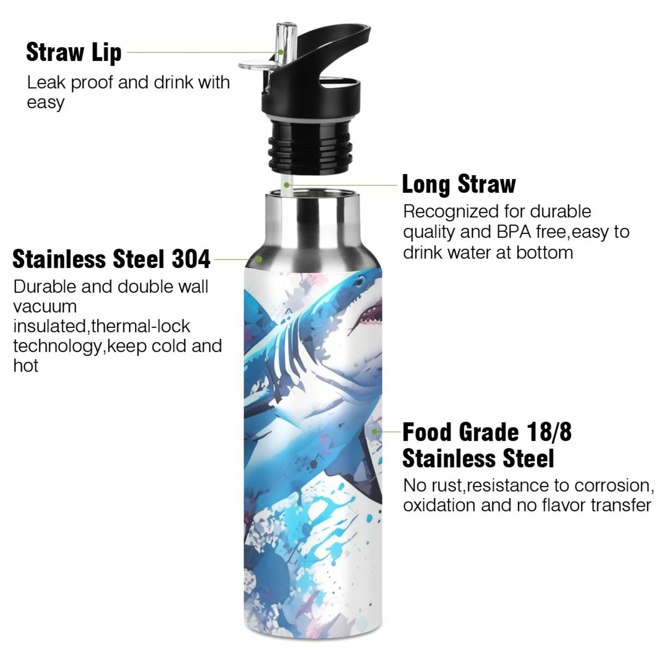 Shark Water Bottles Insulated Thermos Kids Stainless Steel Bottle with Straw Lid Flask Leakproof for Sports Gym 20 oz