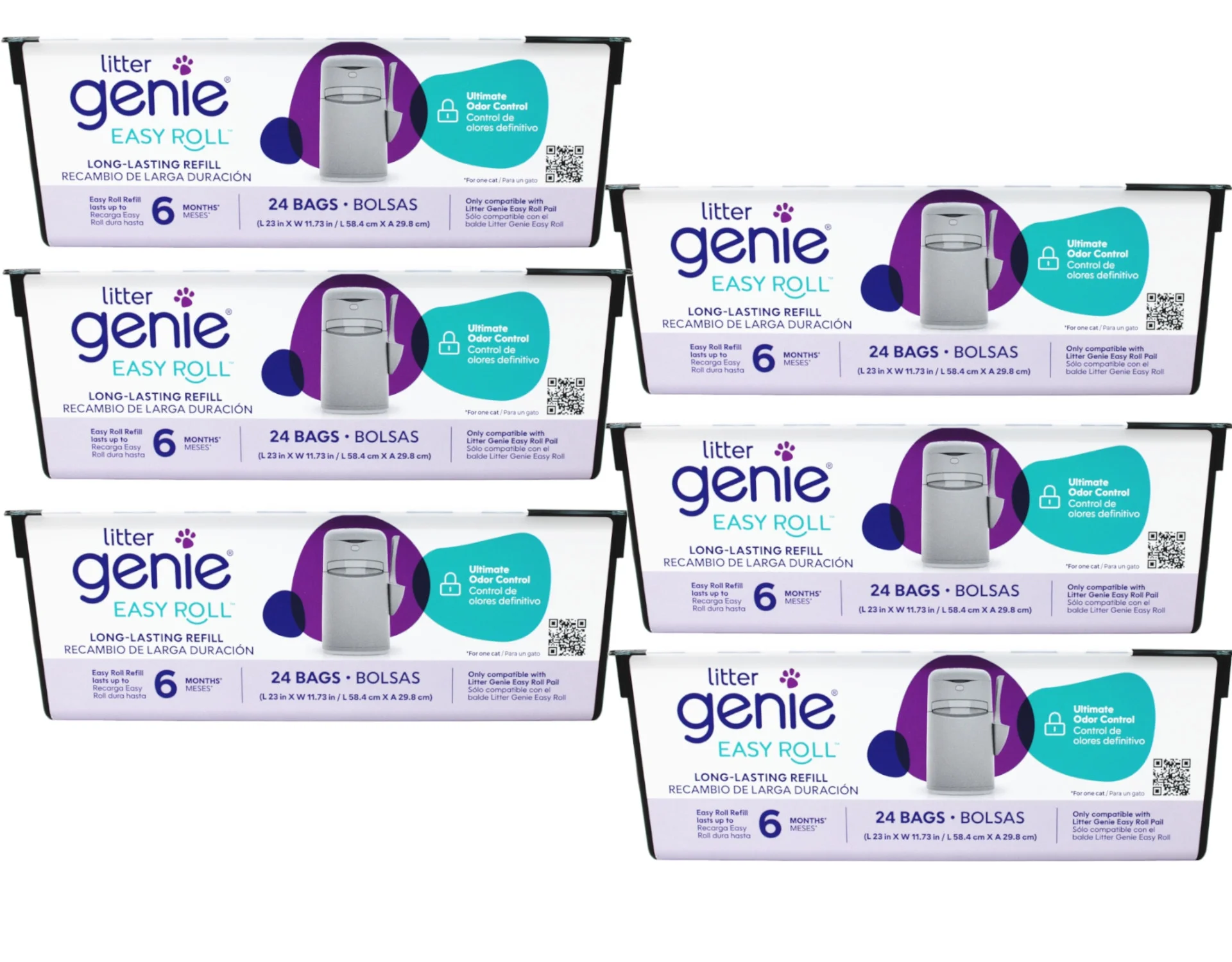 Litter Genie Easy Roll Refill, Cat Litter Disposal System, Ultimate Odor Control, 24 bags, 6 month, - 6 Pack