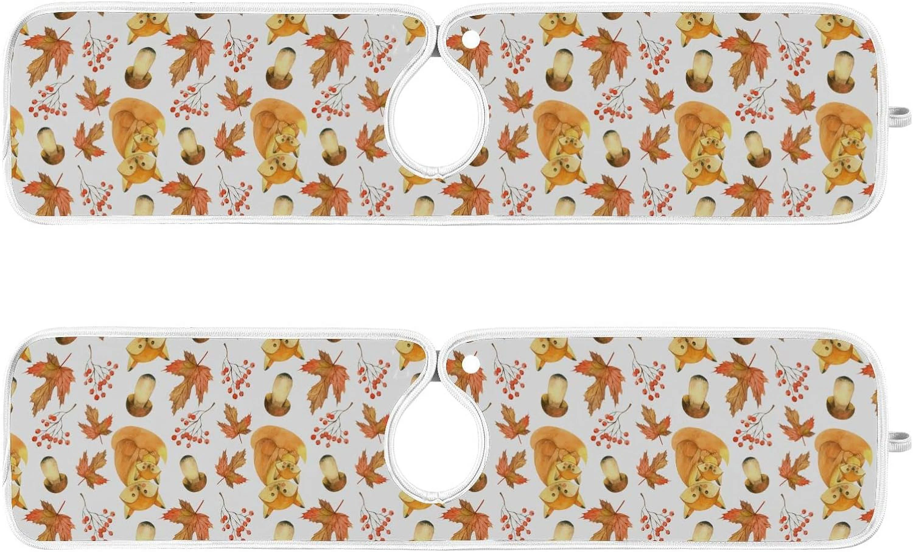 Cute Fox Mushrooms Sink Splash Guard for Faucet 2 Packs Faucet Absorbent Mats,Autumn Fall Leaves Faucet Handle Drip Catcher Quickly Drying Mat for Kitchen Counter Bathroom RV